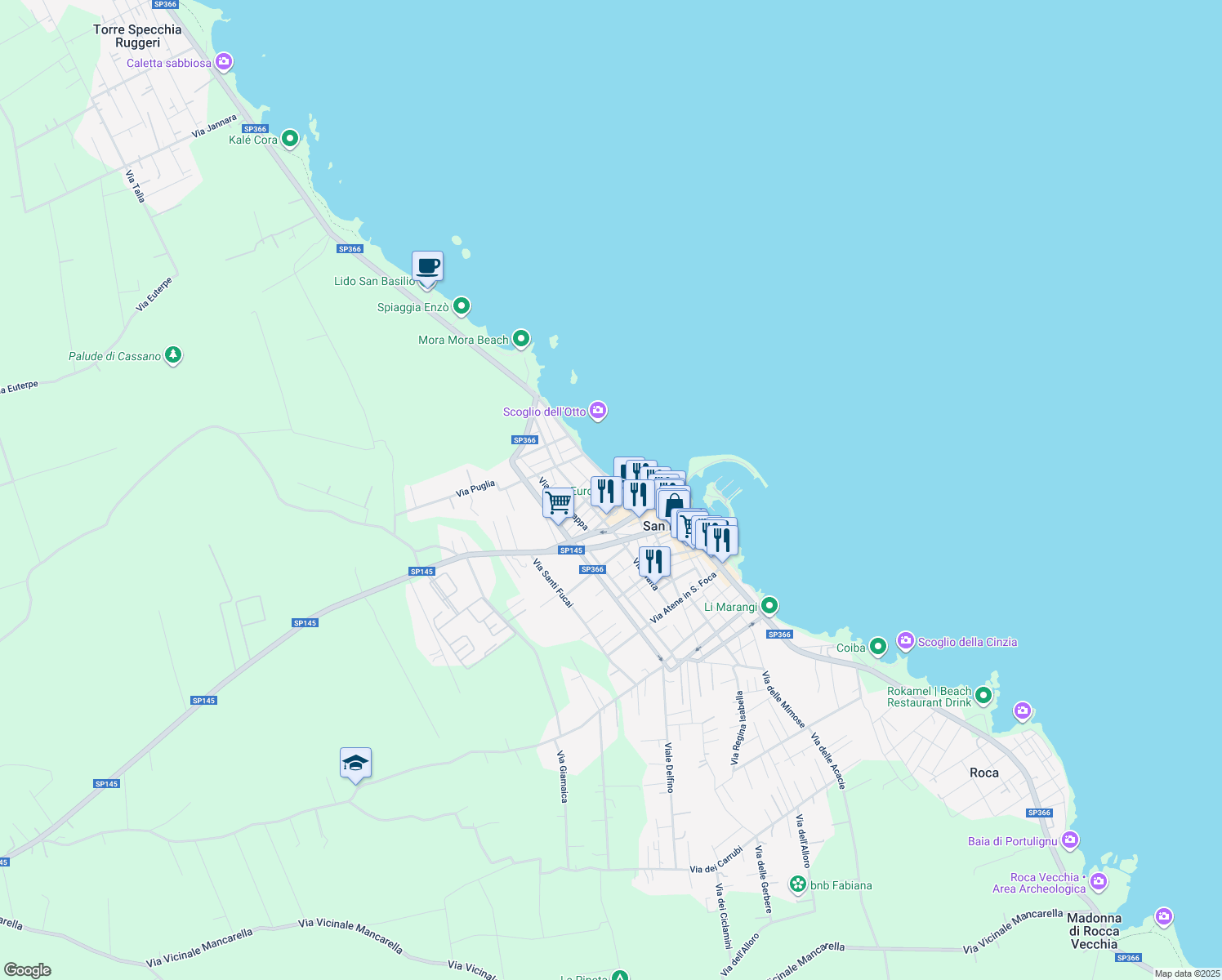 map of restaurants, bars, coffee shops, grocery stores, and more near 2 Via Duca D'Aosta in San Foca