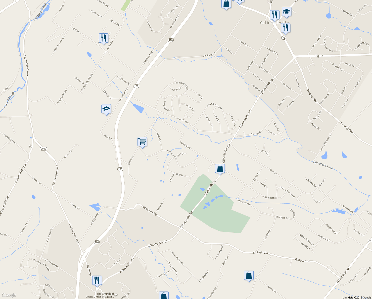 map of restaurants, bars, coffee shops, grocery stores, and more near 145 Golf Drive in Gilbertsville