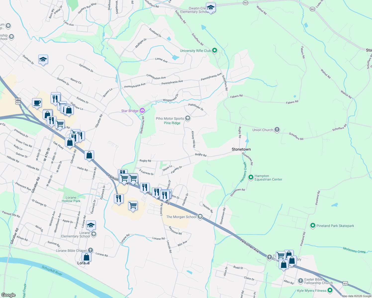 map of restaurants, bars, coffee shops, grocery stores, and more near 8 Valley Drive in Birdsboro