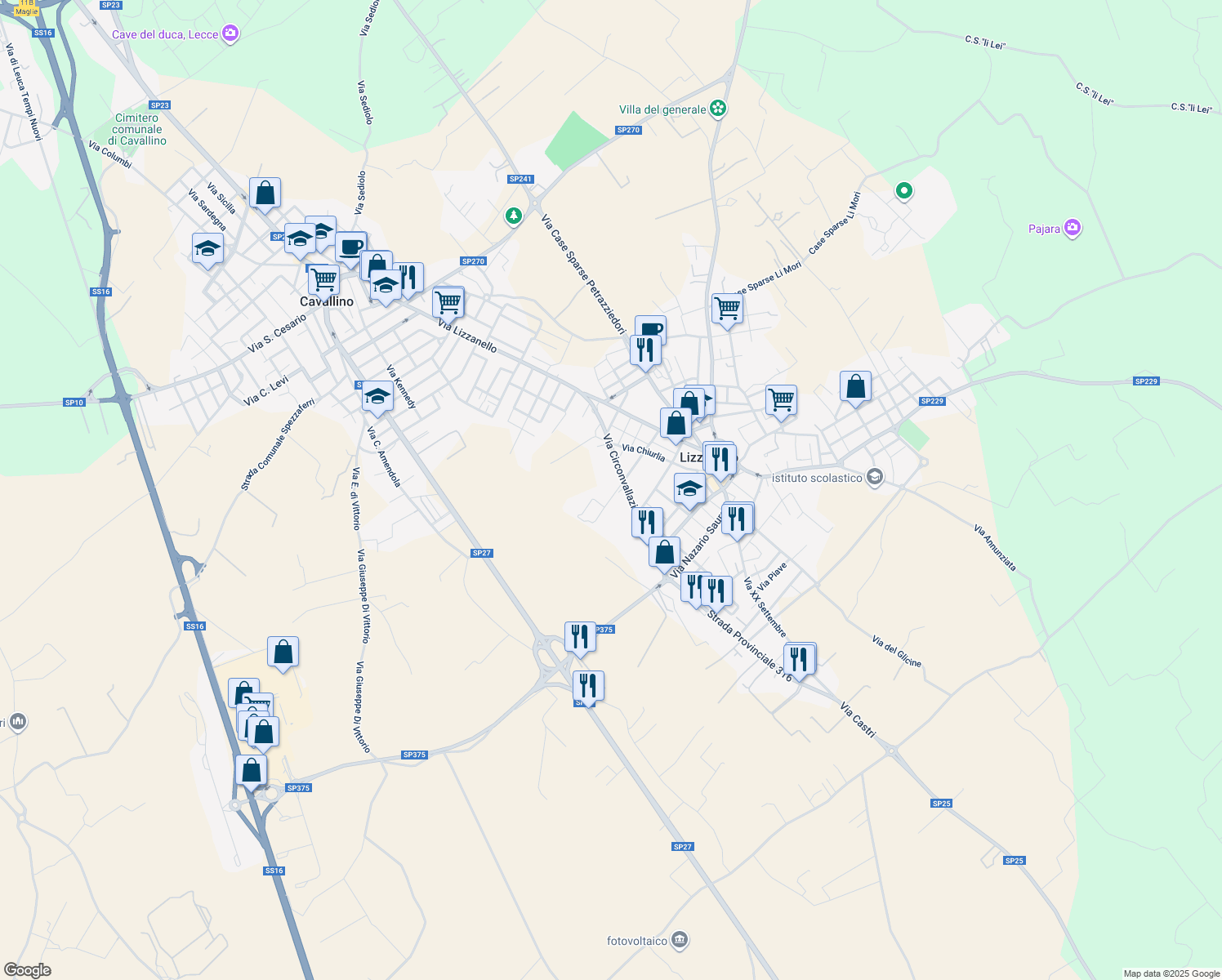 map of restaurants, bars, coffee shops, grocery stores, and more near 40 Via Circonvallazione in Lizzanello