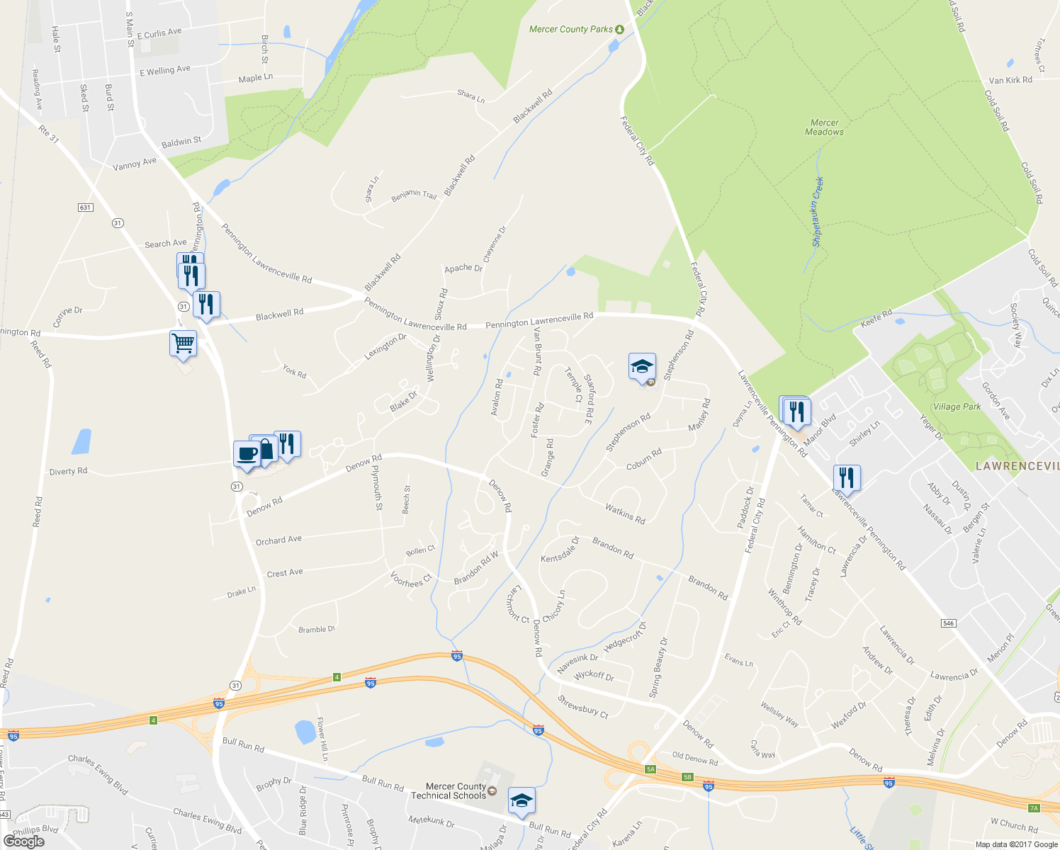 map of restaurants, bars, coffee shops, grocery stores, and more near 25 Foster Road in Pennington