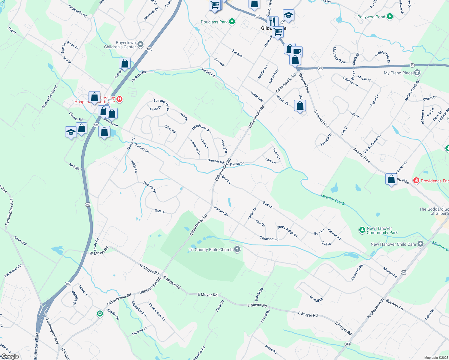 map of restaurants, bars, coffee shops, grocery stores, and more near 310 Bow Lane in Gilbertsville