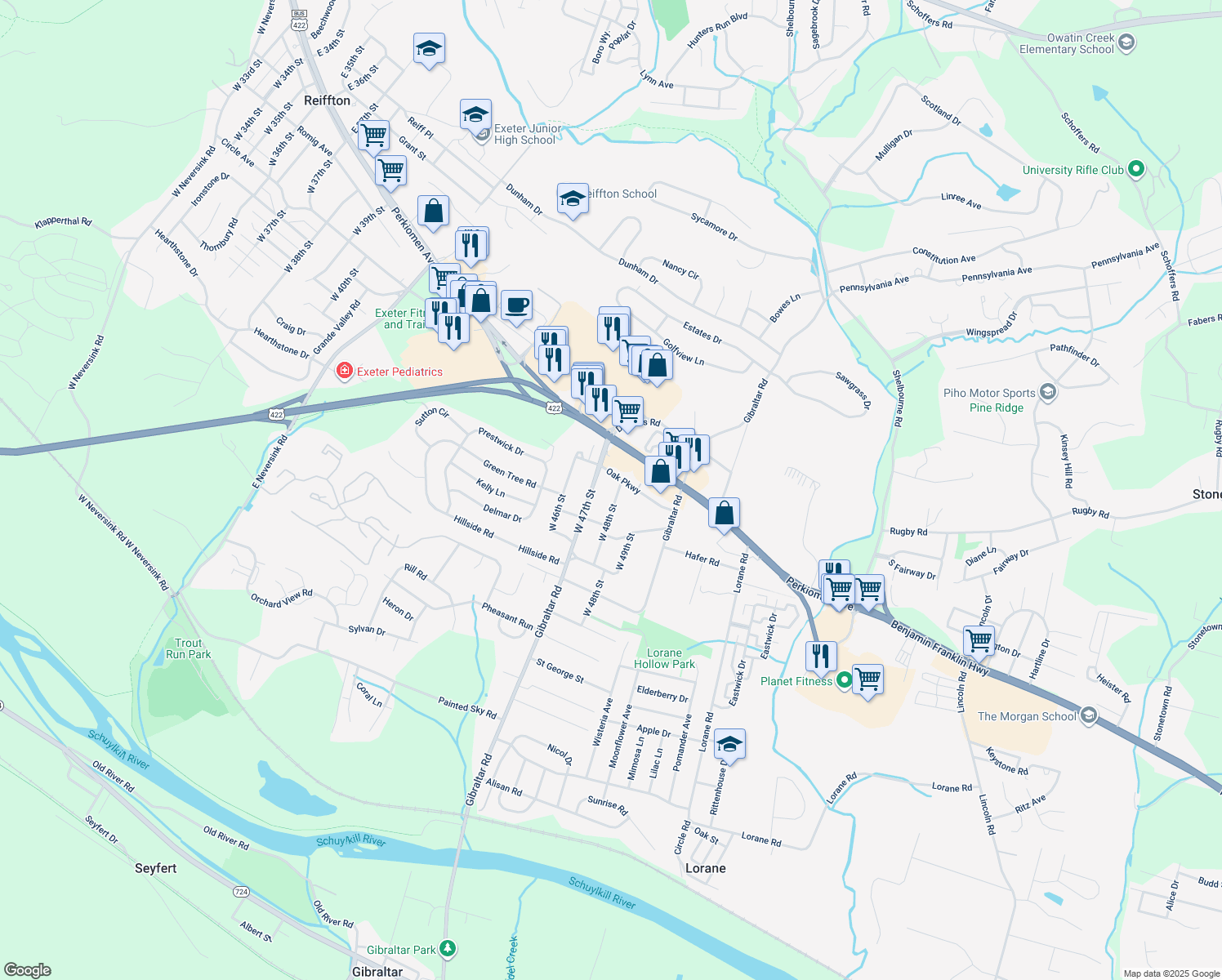 map of restaurants, bars, coffee shops, grocery stores, and more near 110 West 48th Street in Reading