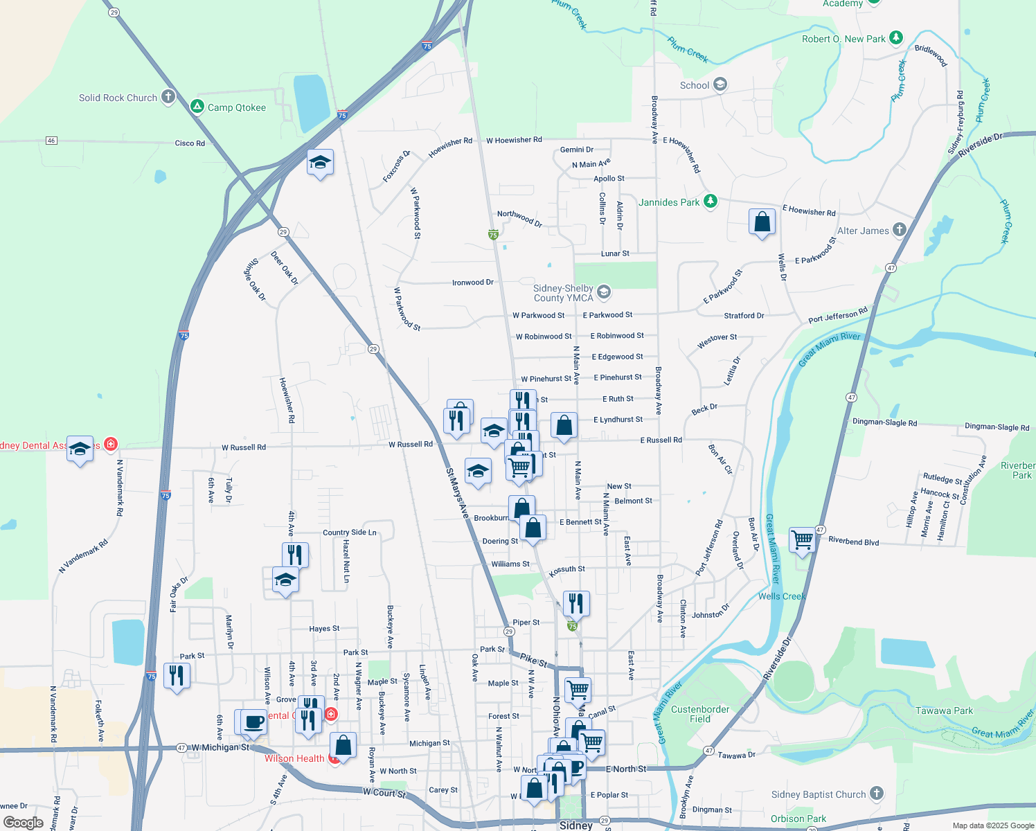 map of restaurants, bars, coffee shops, grocery stores, and more near 1561 Wapakoneta Avenue in Sidney