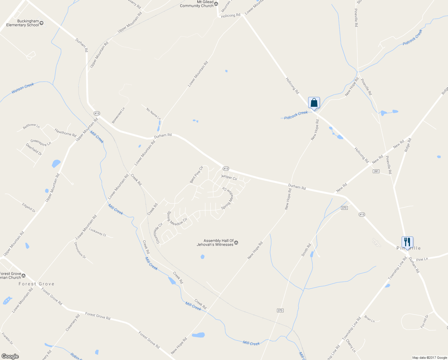 map of restaurants, bars, coffee shops, grocery stores, and more near 98 Acorn Court East in New Hope