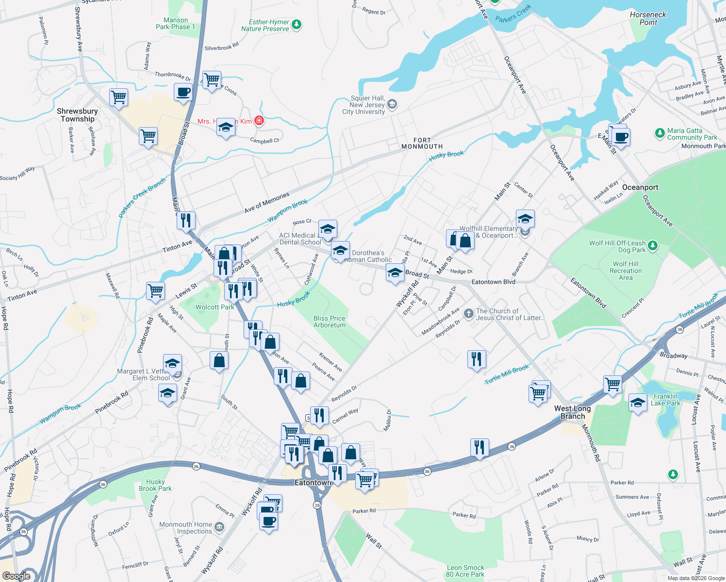 map of restaurants, bars, coffee shops, grocery stores, and more near 17 Elizabeth Pkwy in Eatontown