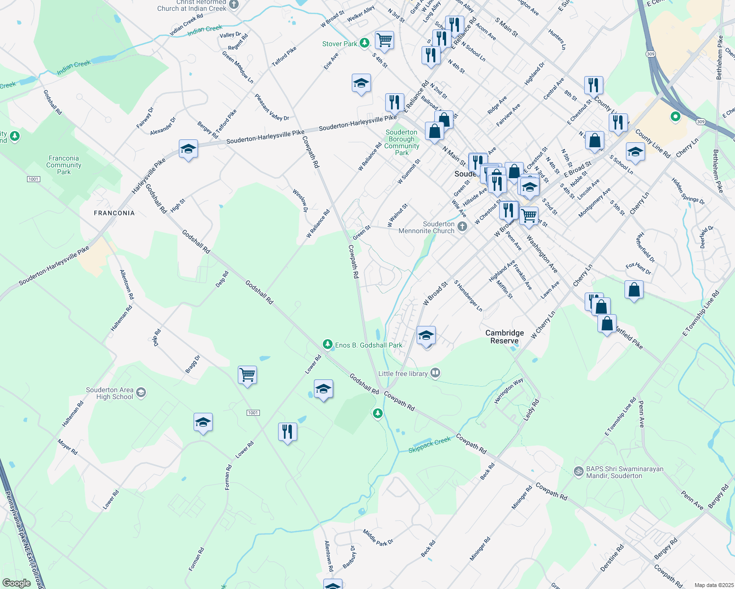 map of restaurants, bars, coffee shops, grocery stores, and more near 270 Crown Court in Souderton