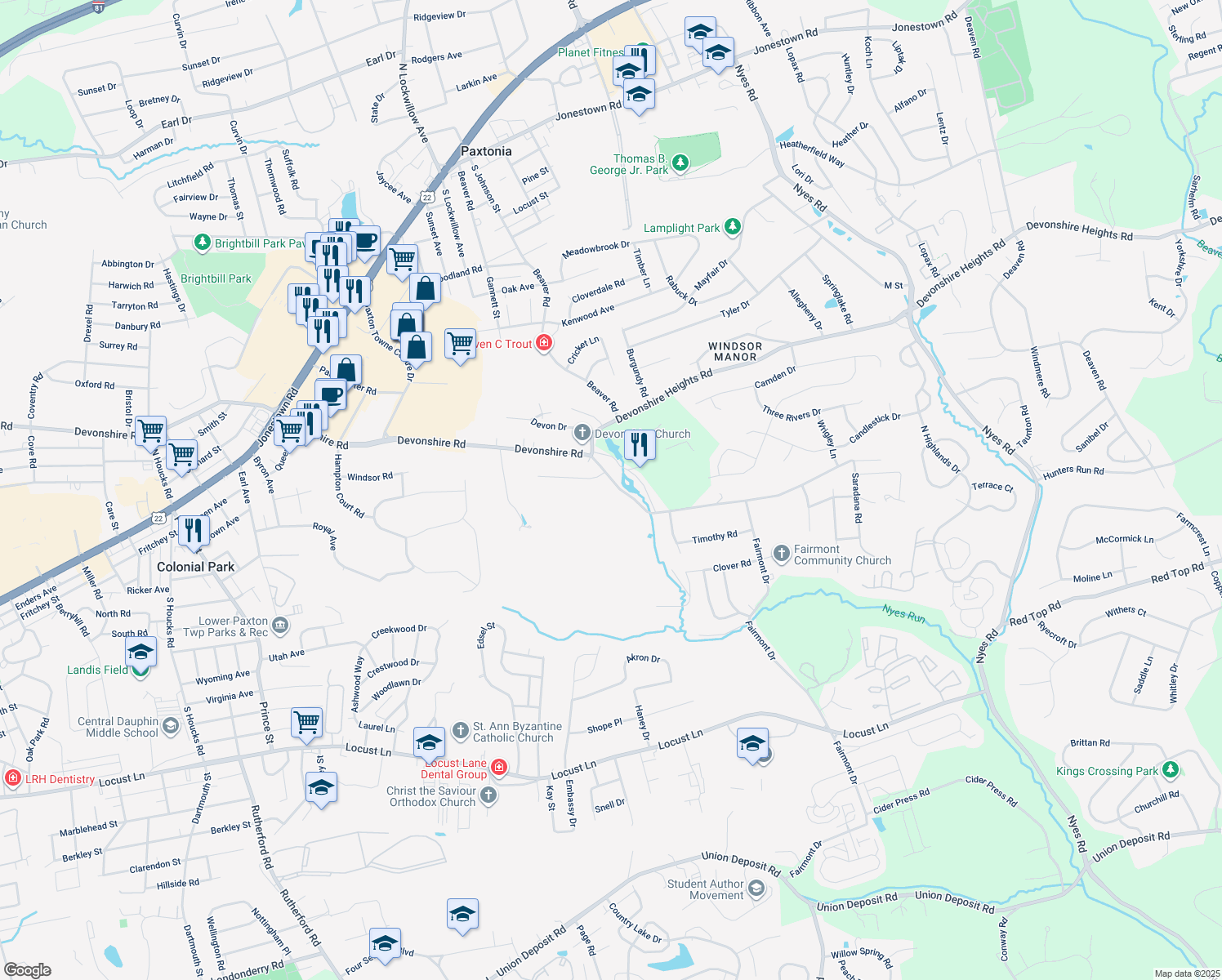 map of restaurants, bars, coffee shops, grocery stores, and more near 5785 Devonshire Rd in Harrisburg