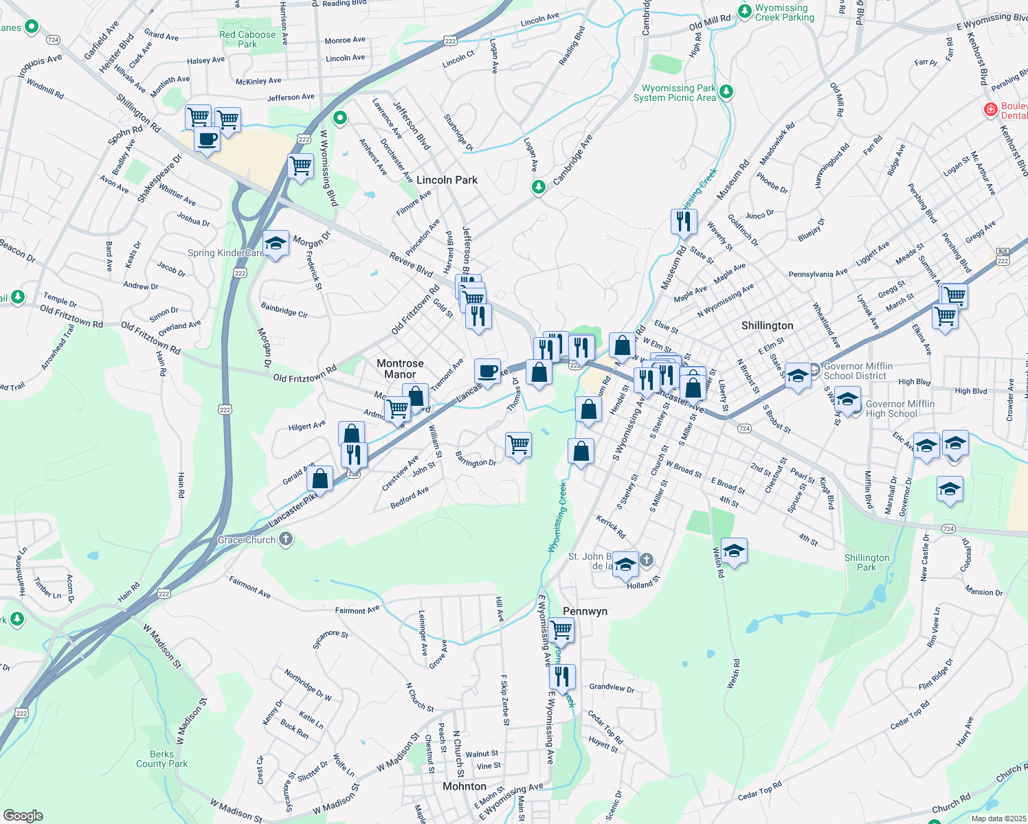 map of restaurants, bars, coffee shops, grocery stores, and more near 7 Becket Court in Reading