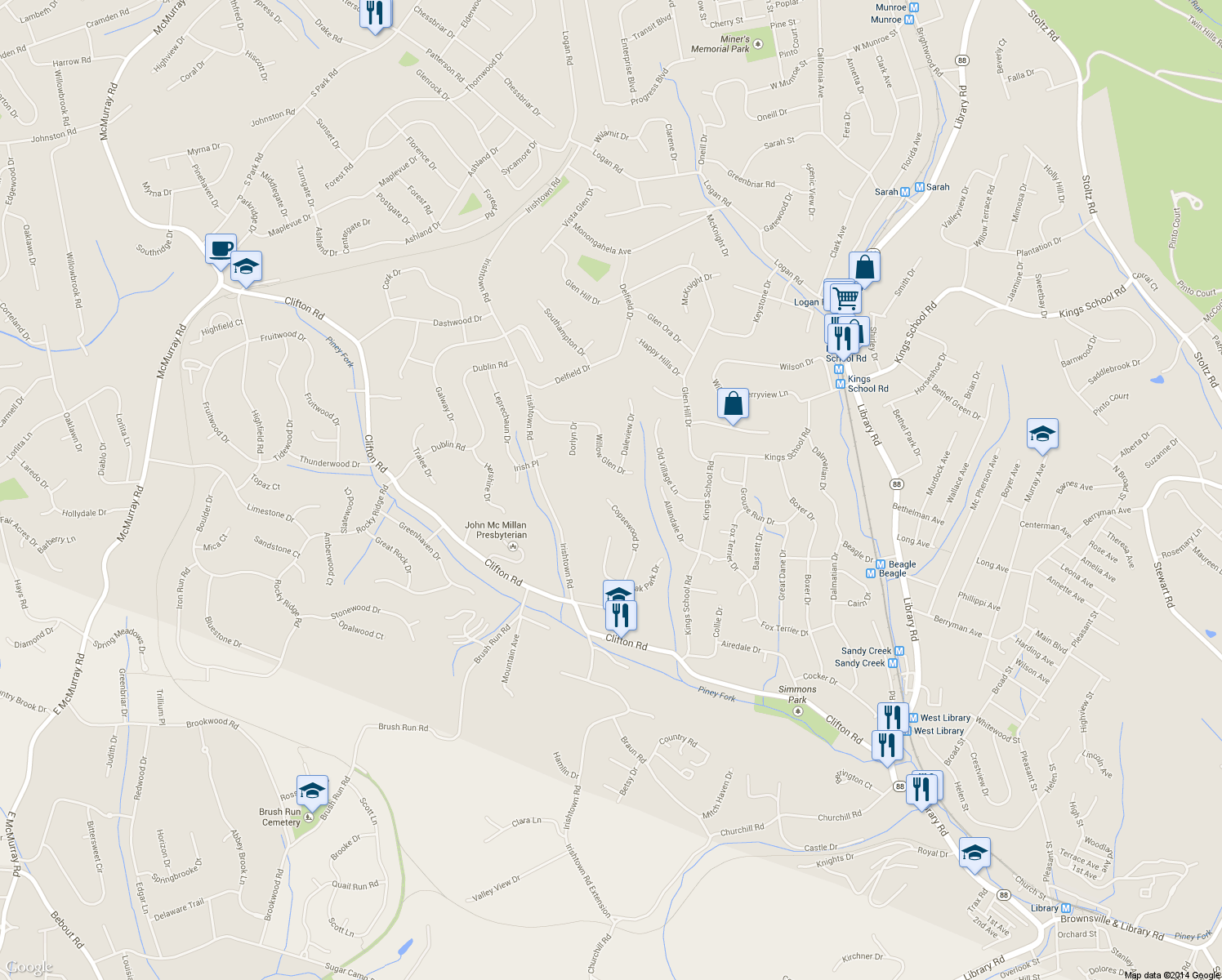 map of restaurants, bars, coffee shops, grocery stores, and more near 1054 Copsewood Drive in Bethel Park