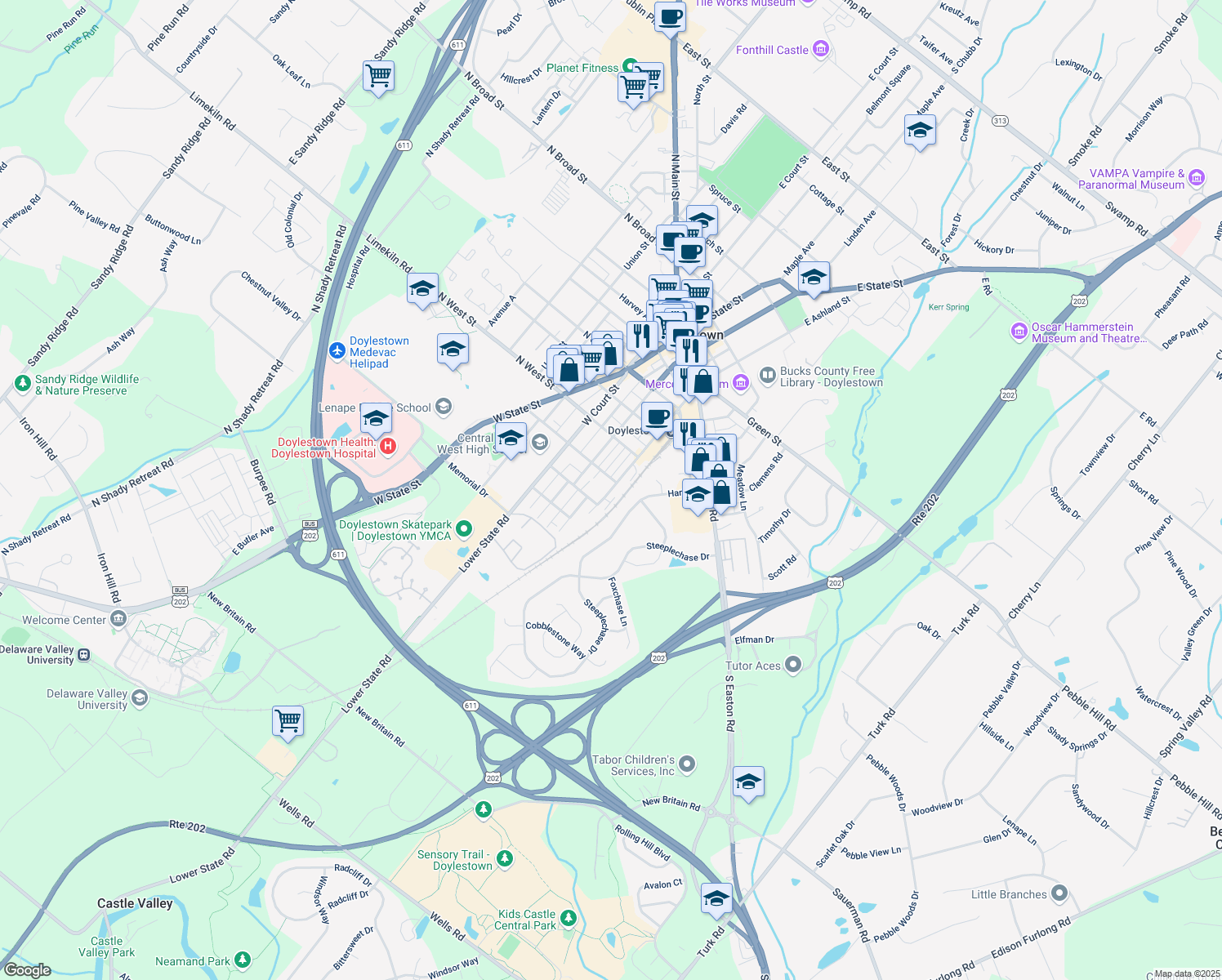 map of restaurants, bars, coffee shops, grocery stores, and more near 230 W Ashland St in Doylestown