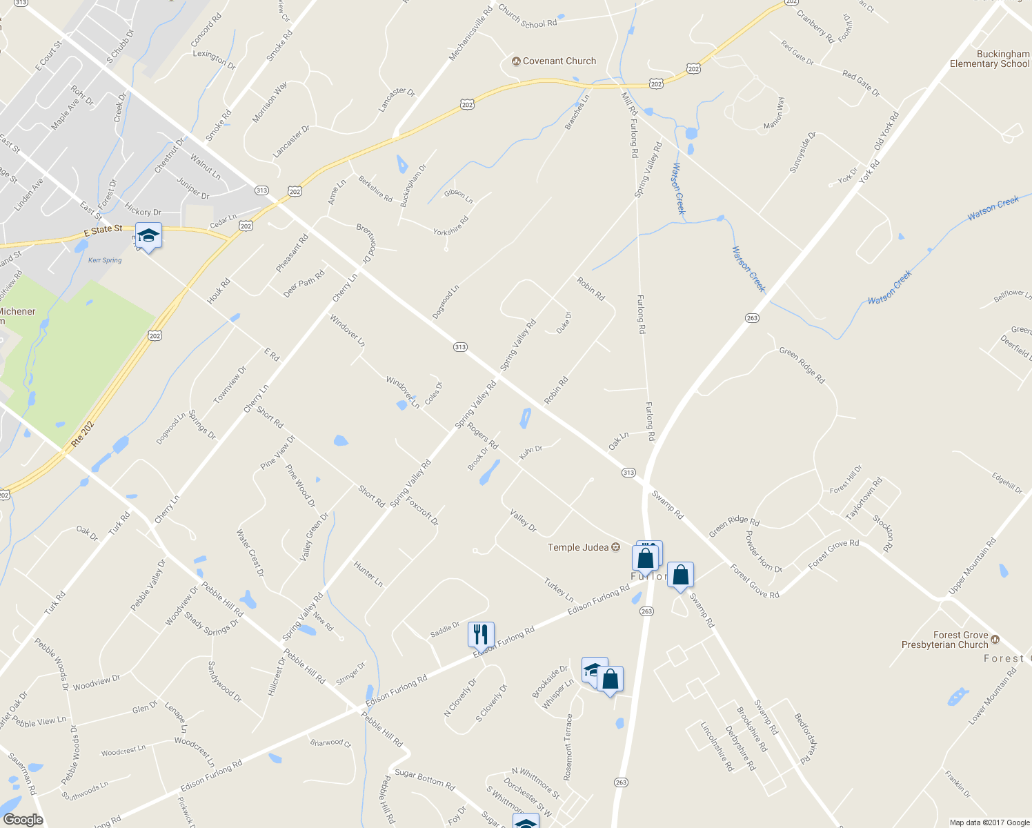 map of restaurants, bars, coffee shops, grocery stores, and more near 624 Swamp Road in Doylestown