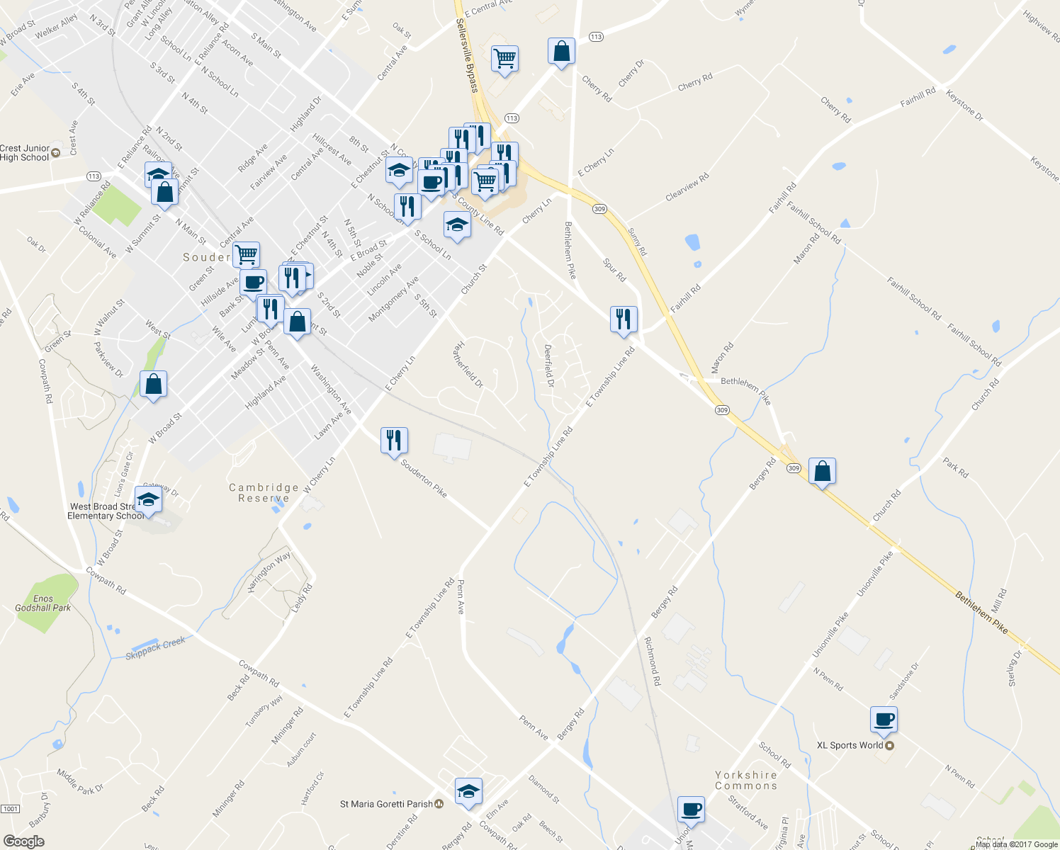 map of restaurants, bars, coffee shops, grocery stores, and more near 250 Heatherfield Drive in Souderton