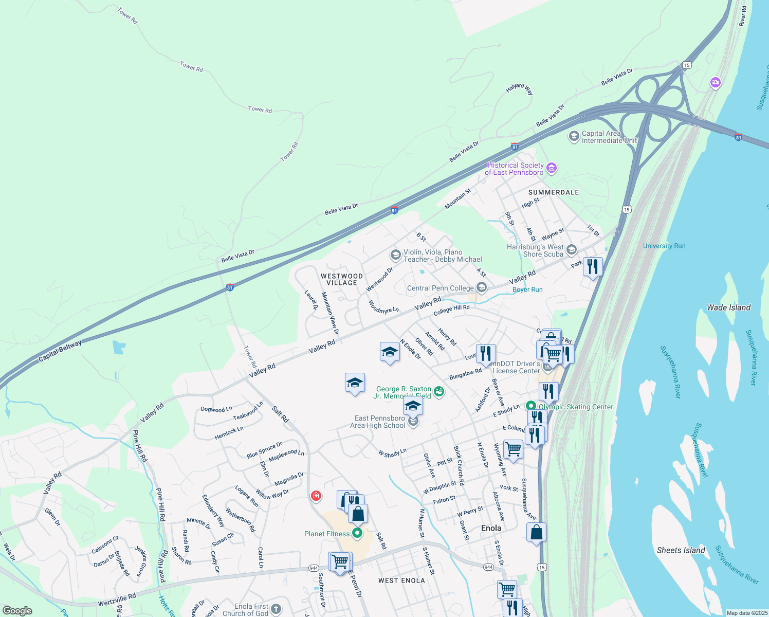 map of restaurants, bars, coffee shops, grocery stores, and more near 38 Woodmyre Lane in Enola