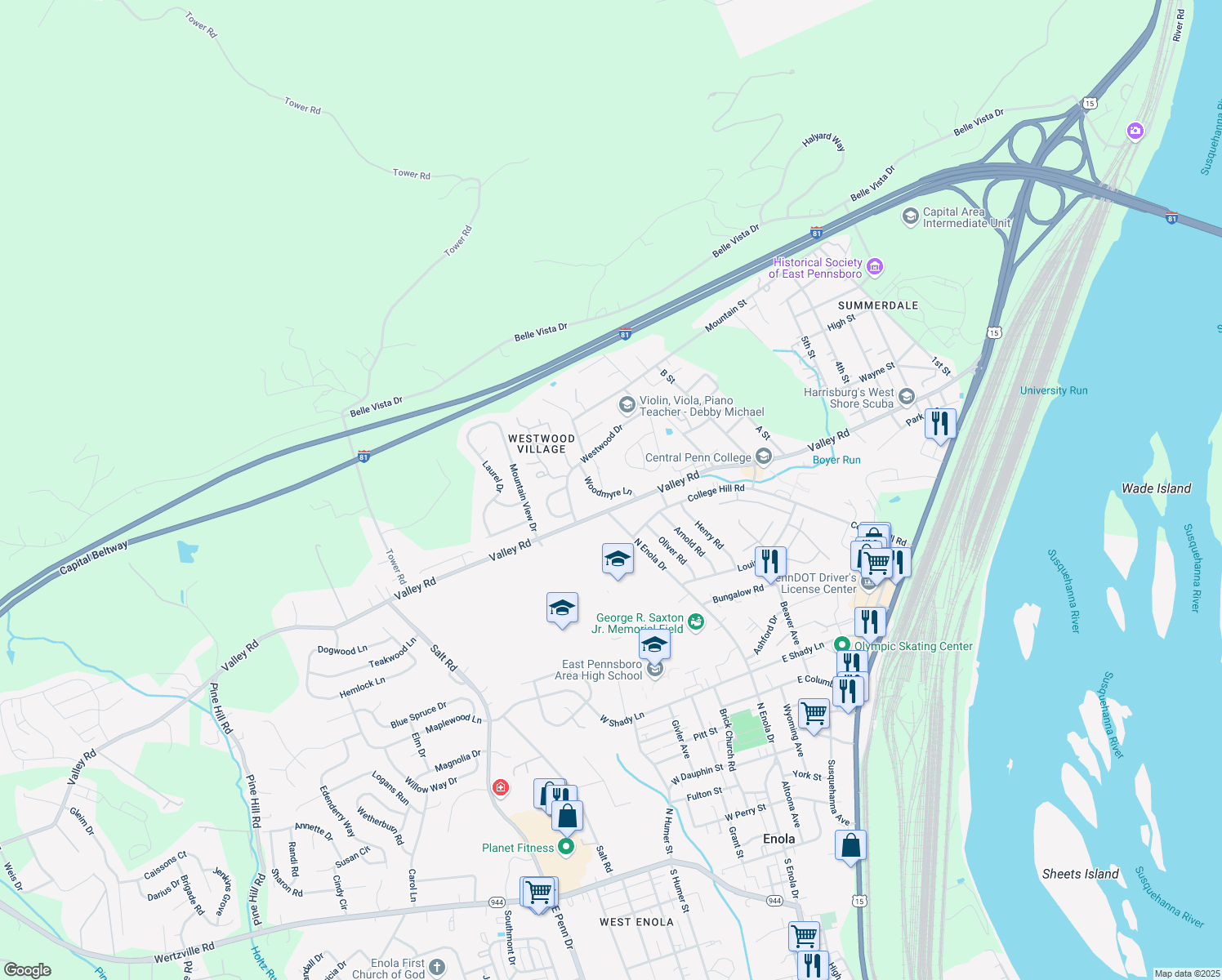 map of restaurants, bars, coffee shops, grocery stores, and more near 36 Woodmyre Lane in Enola