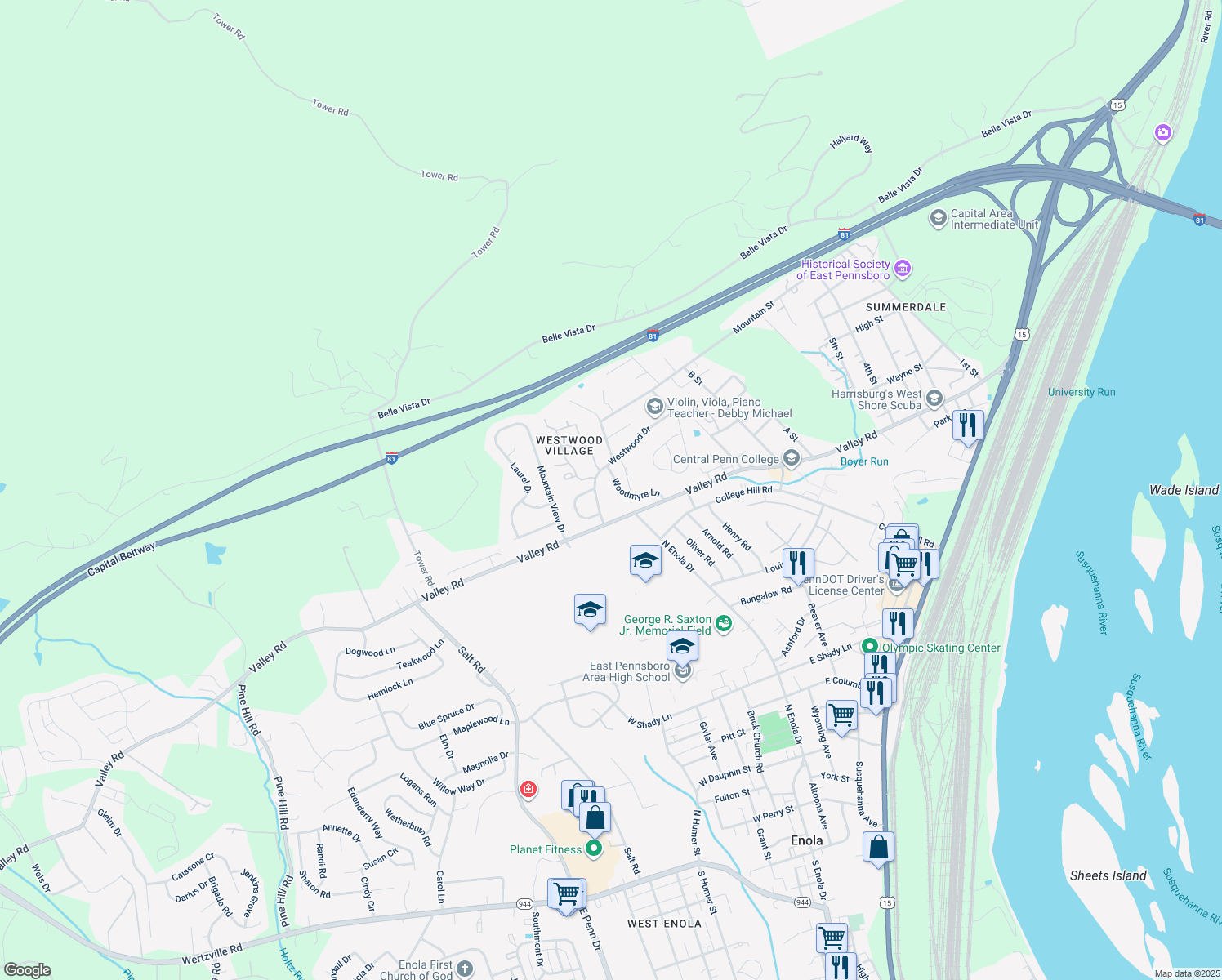 map of restaurants, bars, coffee shops, grocery stores, and more near 59 Woodmyre Lane in Enola