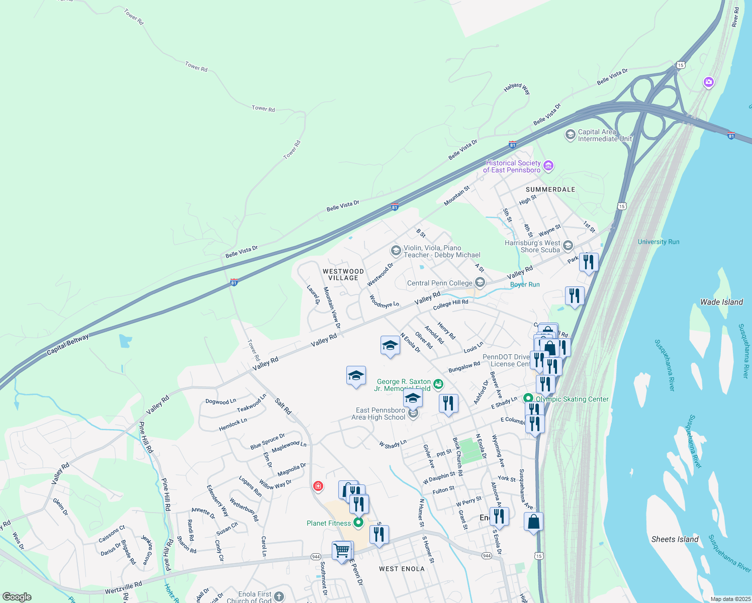 map of restaurants, bars, coffee shops, grocery stores, and more near 54 Woodmyre Lane in Enola