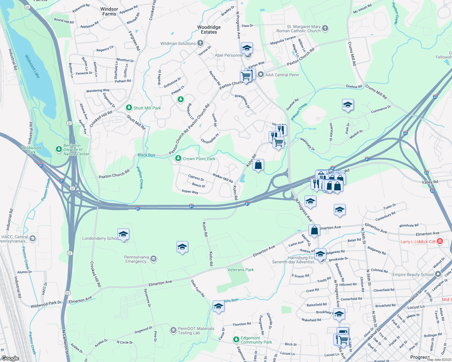 map of restaurants, bars, coffee shops, grocery stores, and more near 2036 Daybreak Circle in Harrisburg