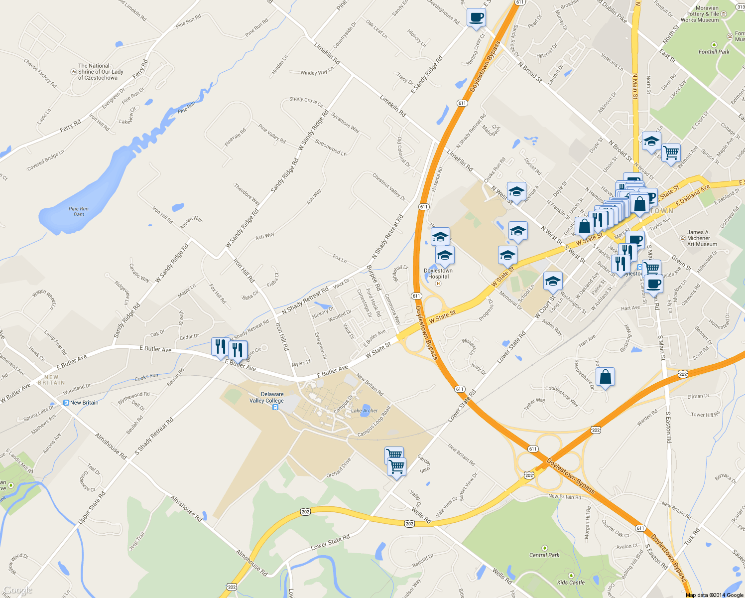 map of restaurants, bars, coffee shops, grocery stores, and more near 422 Ford Hook Road in Chalfont