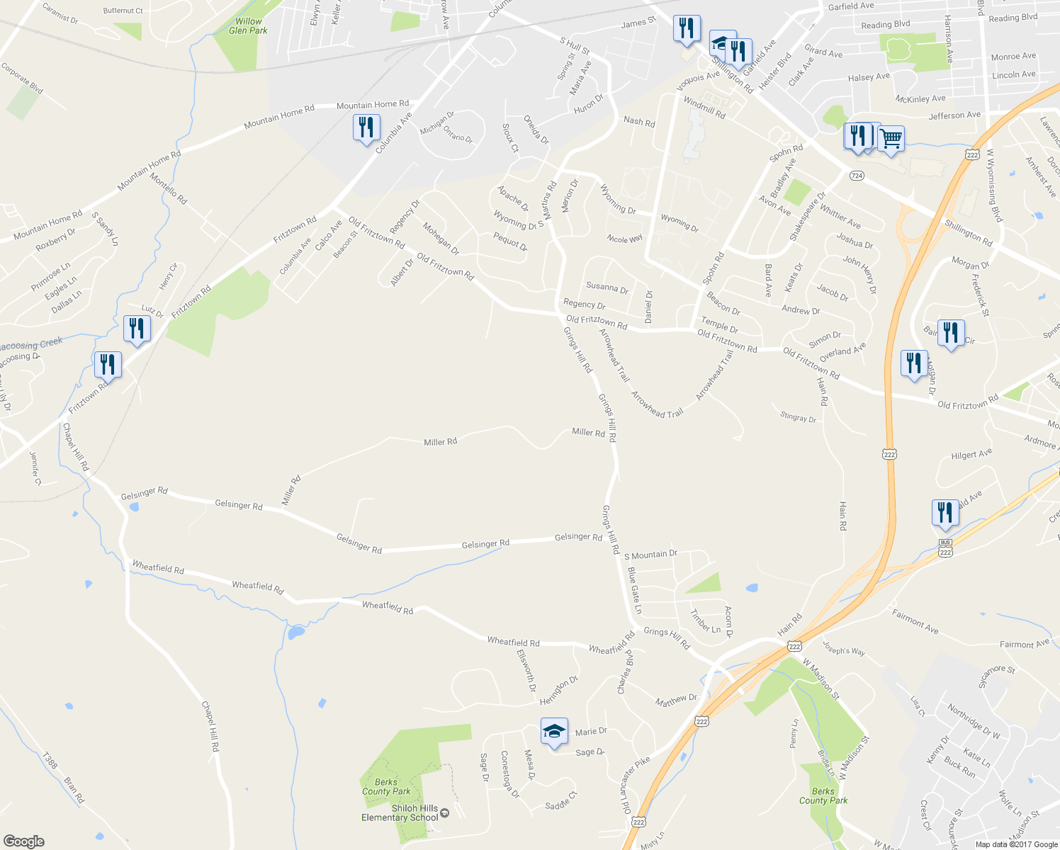 map of restaurants, bars, coffee shops, grocery stores, and more near 442 Miller Road in Sinking Spring