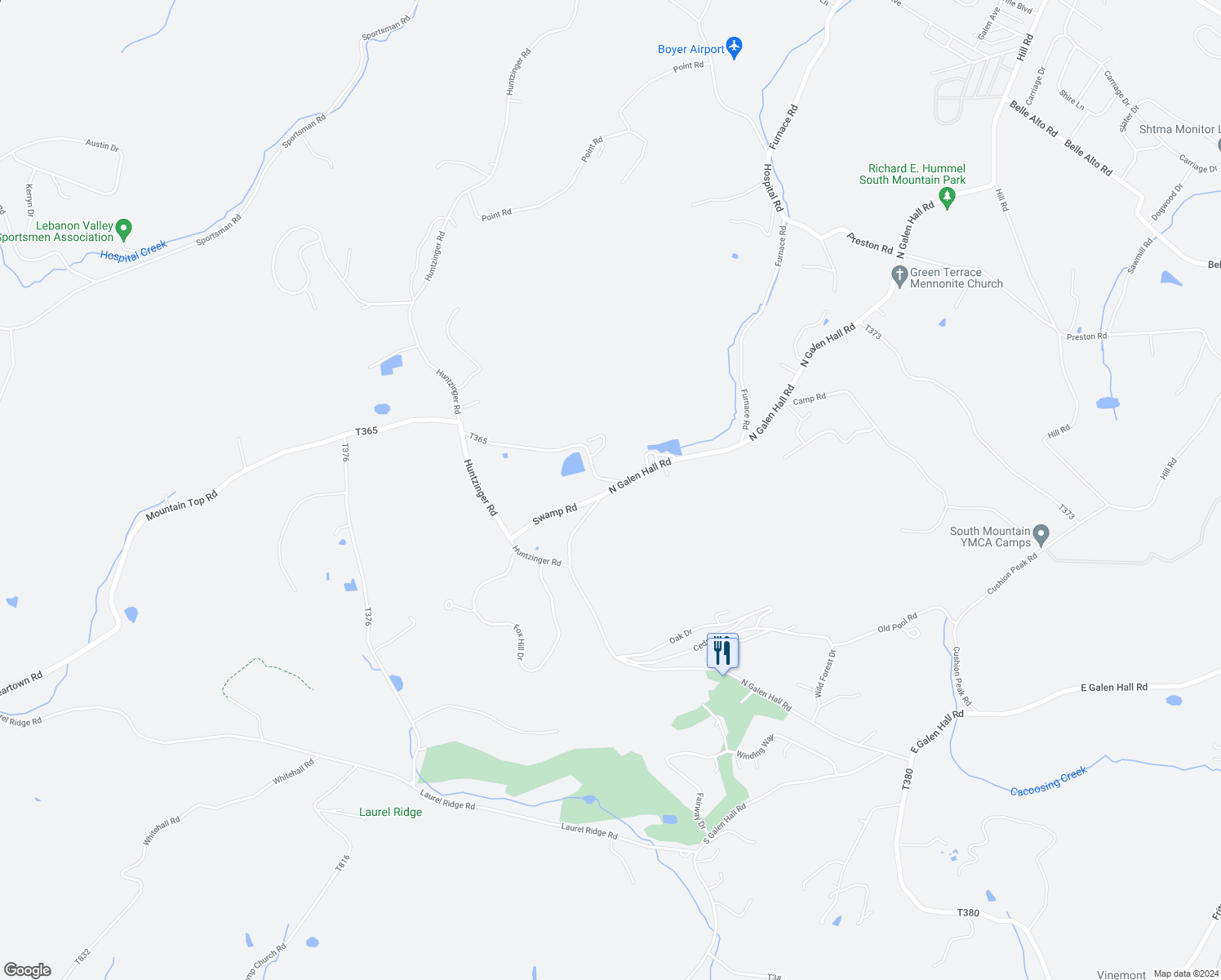 map of restaurants, bars, coffee shops, grocery stores, and more near 336 North Galen Hall Road in Wernersville