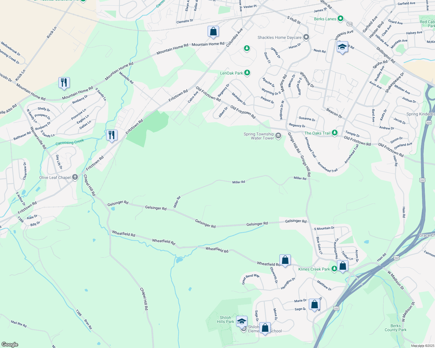 map of restaurants, bars, coffee shops, grocery stores, and more near 324 Miller Road in Sinking Spring