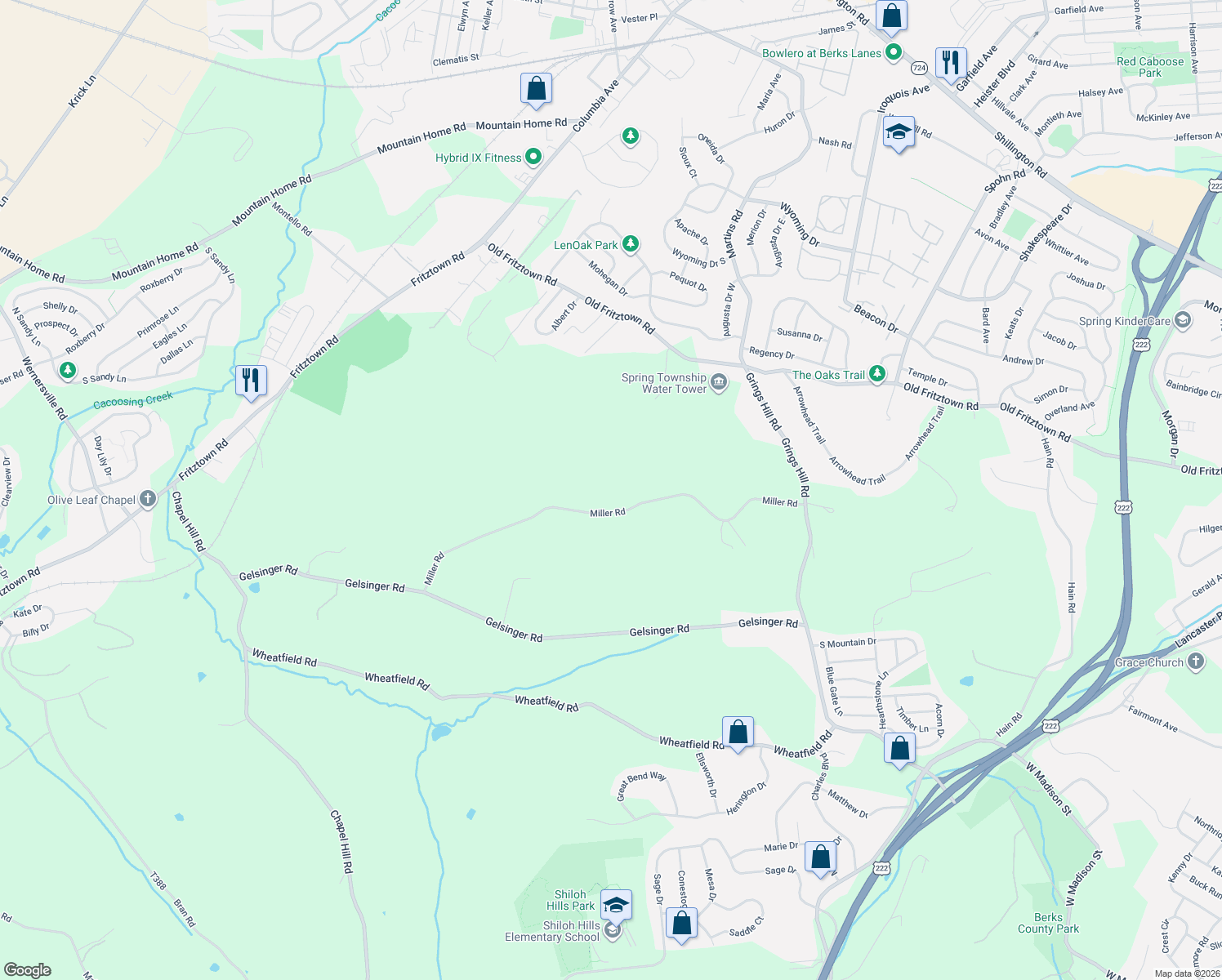 map of restaurants, bars, coffee shops, grocery stores, and more near 348 Miller Road in Sinking Spring