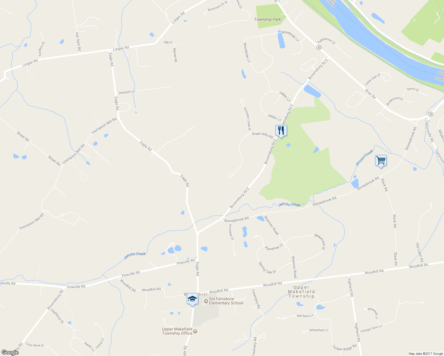 map of restaurants, bars, coffee shops, grocery stores, and more near 22 Great Hills Road in New Hope