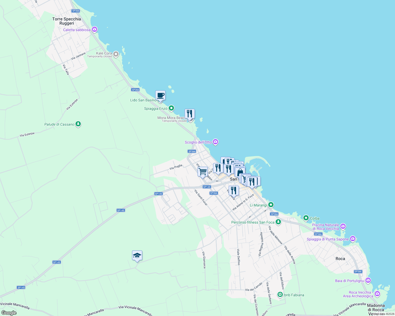 map of restaurants, bars, coffee shops, grocery stores, and more near 12 Via Giuseppe Verdi in San Foca
