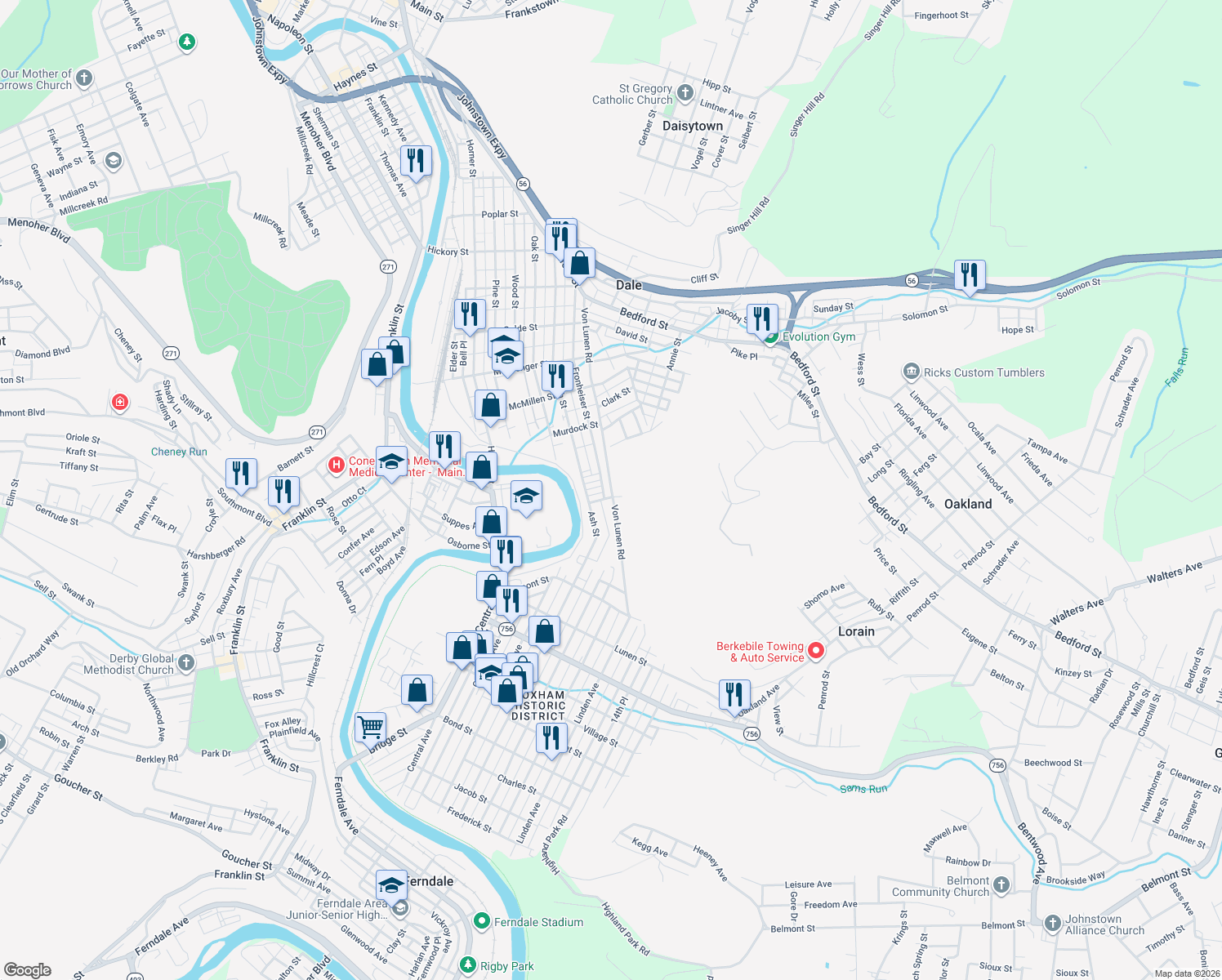 map of restaurants, bars, coffee shops, grocery stores, and more near 991 Von Lunen Rd in Johnstown