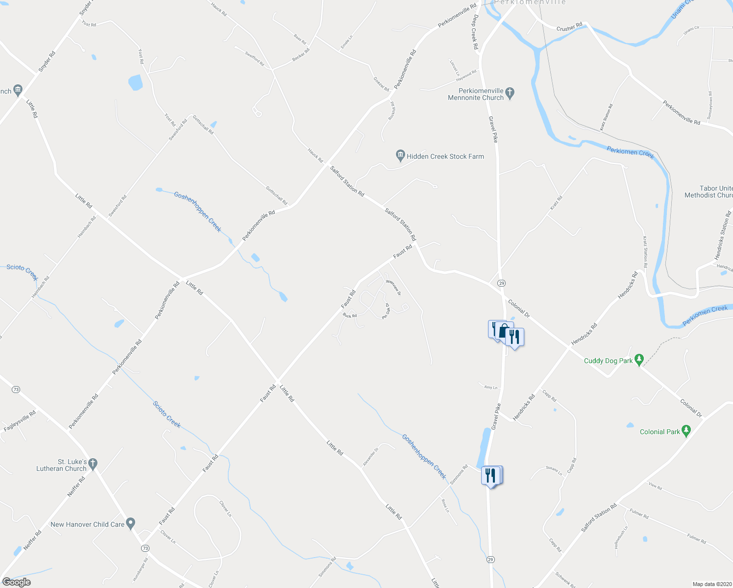 map of restaurants, bars, coffee shops, grocery stores, and more near 3458 Foxfield Circle in Perkiomenville
