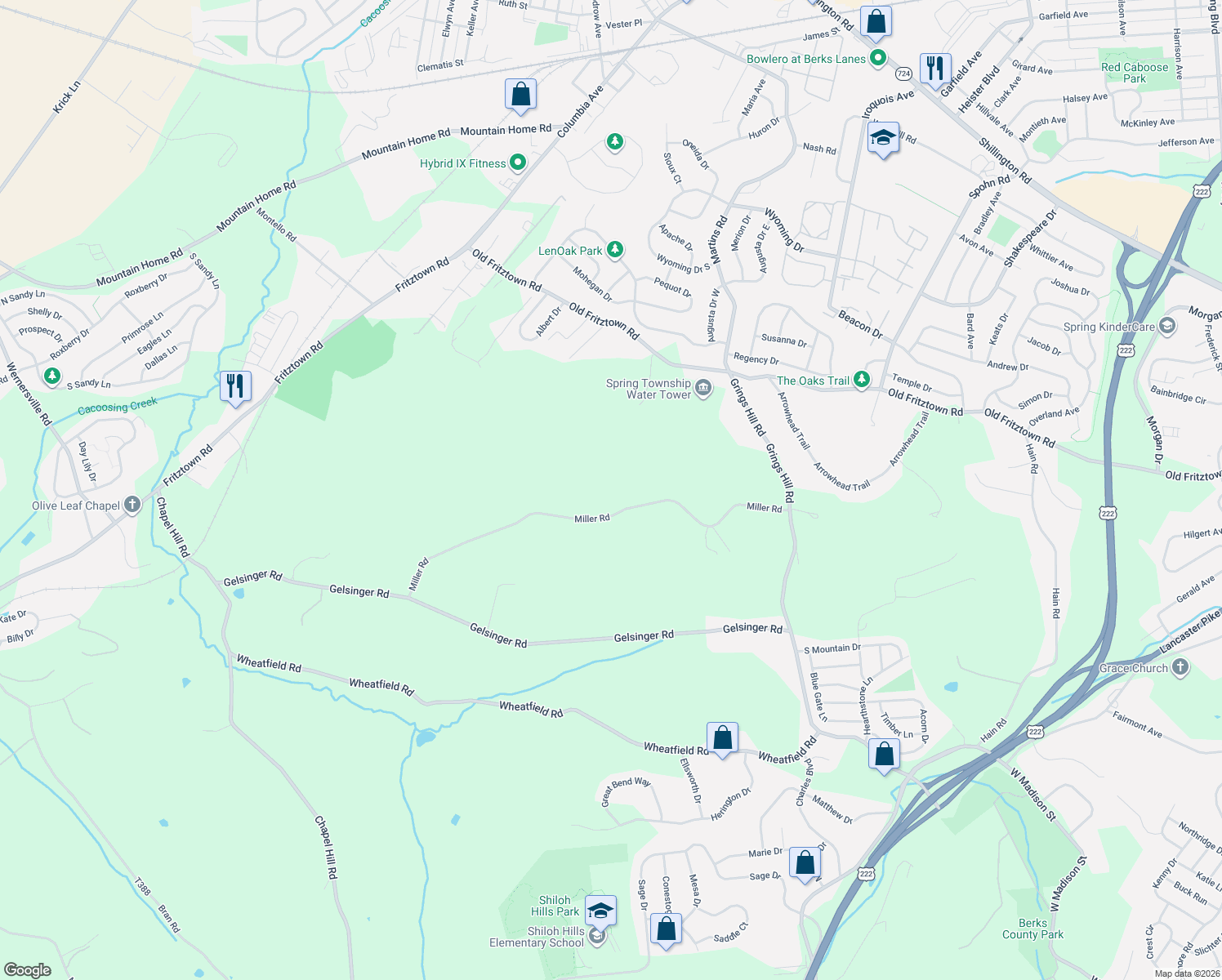 map of restaurants, bars, coffee shops, grocery stores, and more near 348 Miller Road in Sinking Spring