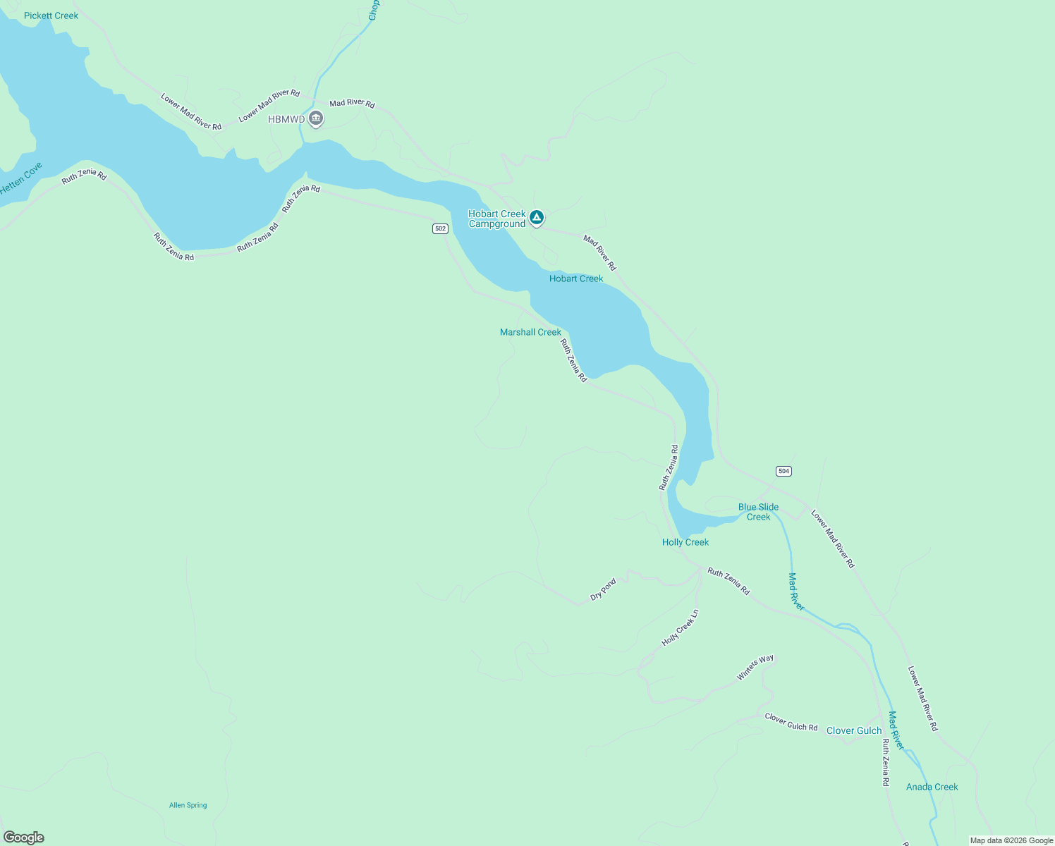 map of restaurants, bars, coffee shops, grocery stores, and more near Marshall Creek Road in Mad River