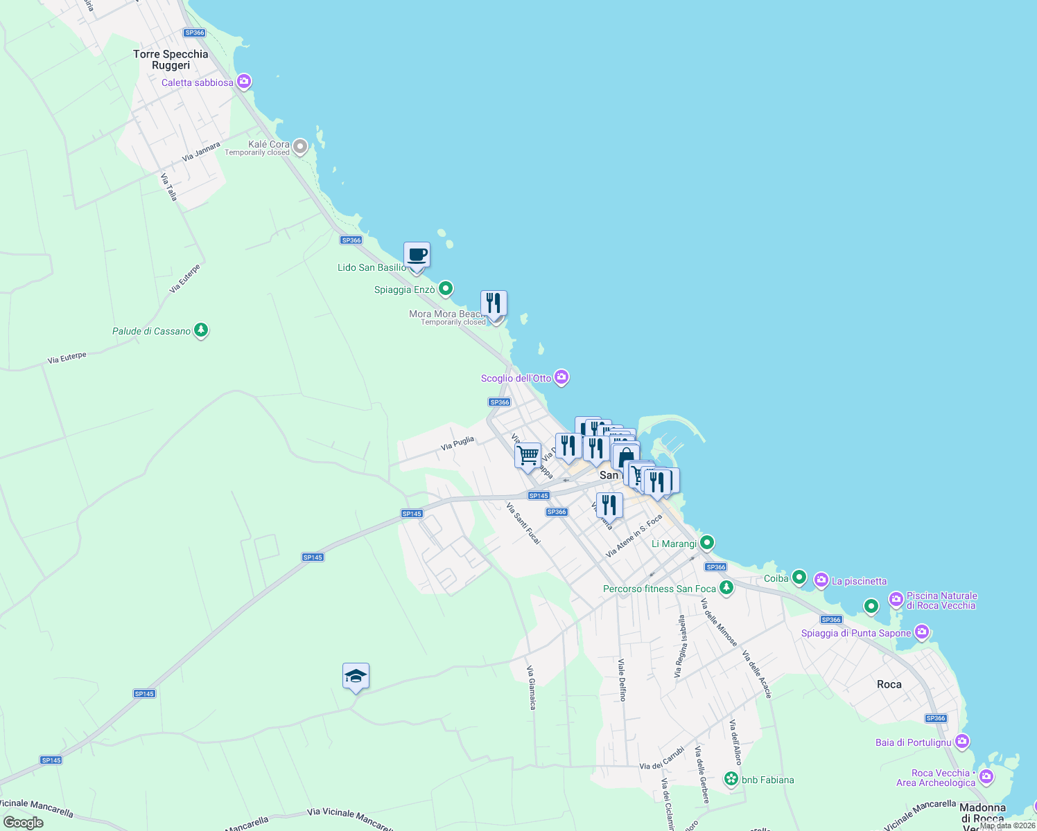 map of restaurants, bars, coffee shops, grocery stores, and more near 12 Via Giuseppe Verdi in San Foca