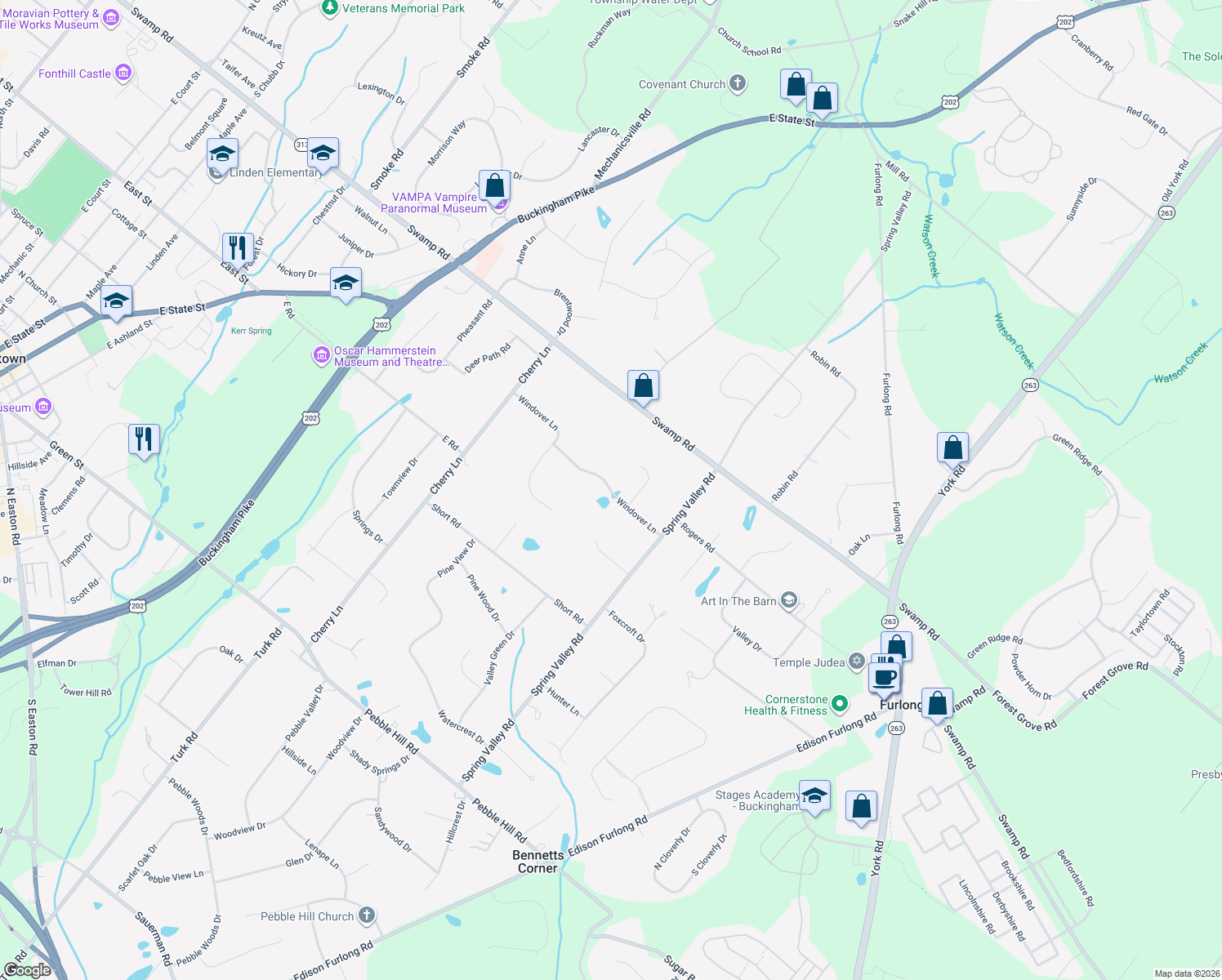map of restaurants, bars, coffee shops, grocery stores, and more near 85 Windover Lane in Doylestown
