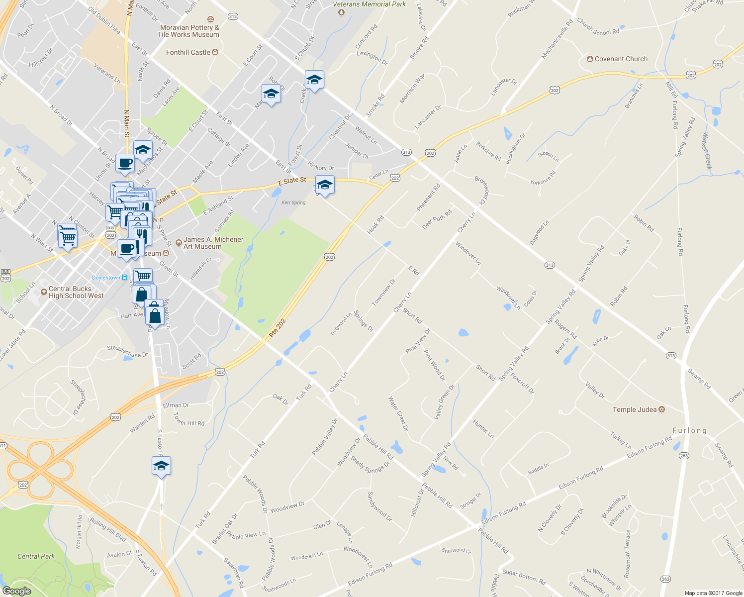map of restaurants, bars, coffee shops, grocery stores, and more near 50 Townview Drive in Doylestown