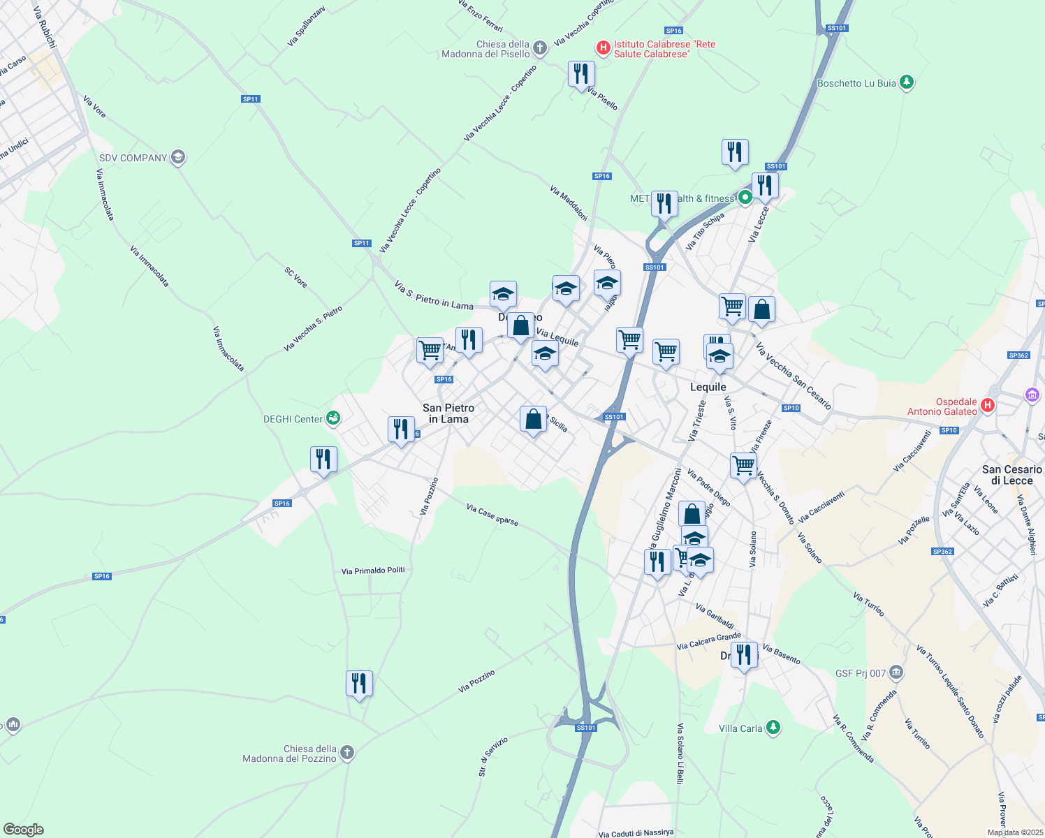 map of restaurants, bars, coffee shops, grocery stores, and more near 31 Via Campania in Lequile