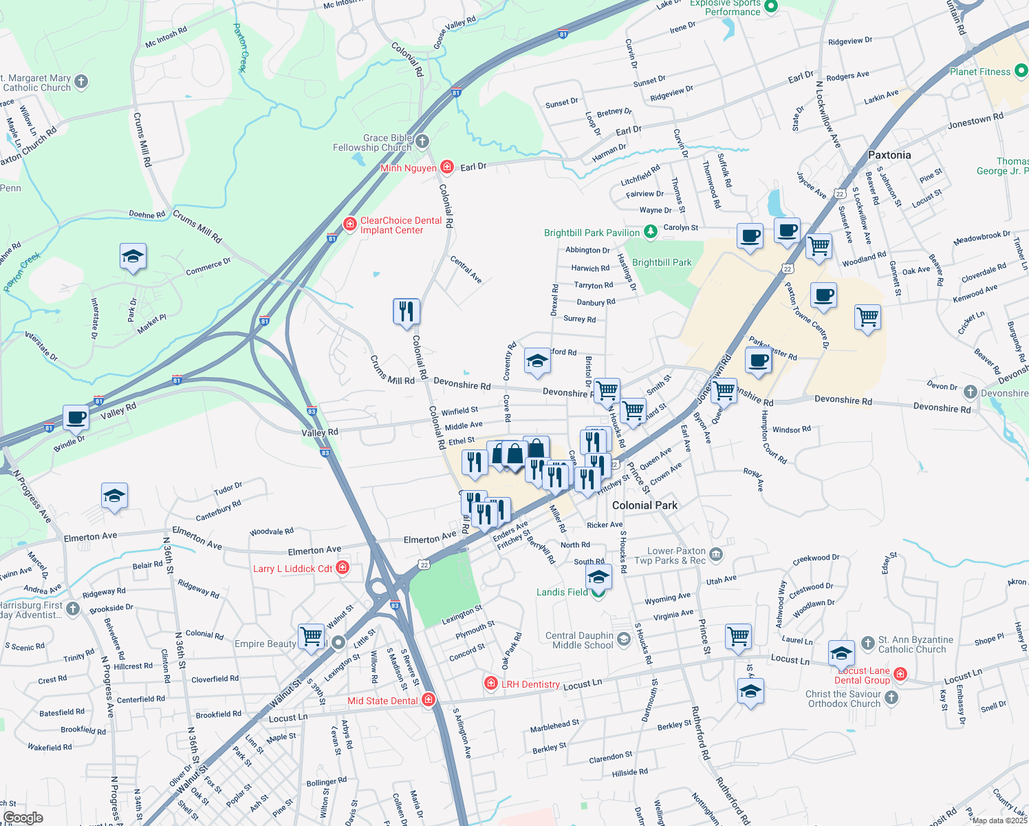 map of restaurants, bars, coffee shops, grocery stores, and more near 4501 Winfield Street in Harrisburg