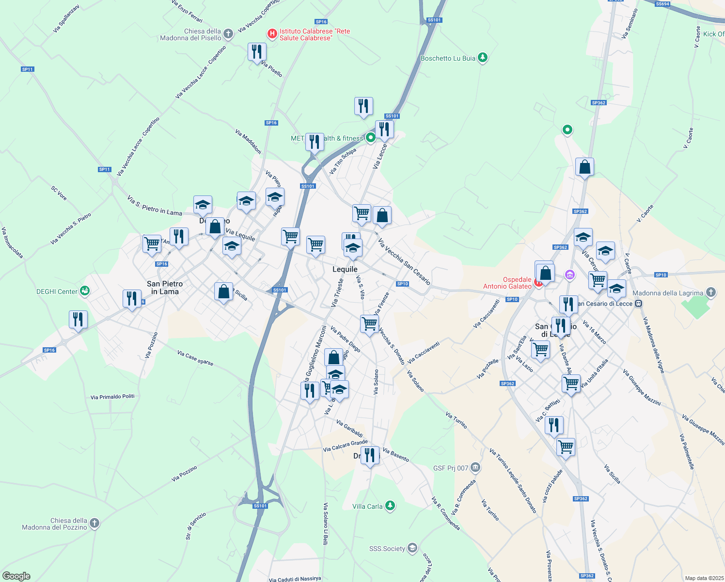 map of restaurants, bars, coffee shops, grocery stores, and more near 59 Via Giacomo Matteotti in Lequile