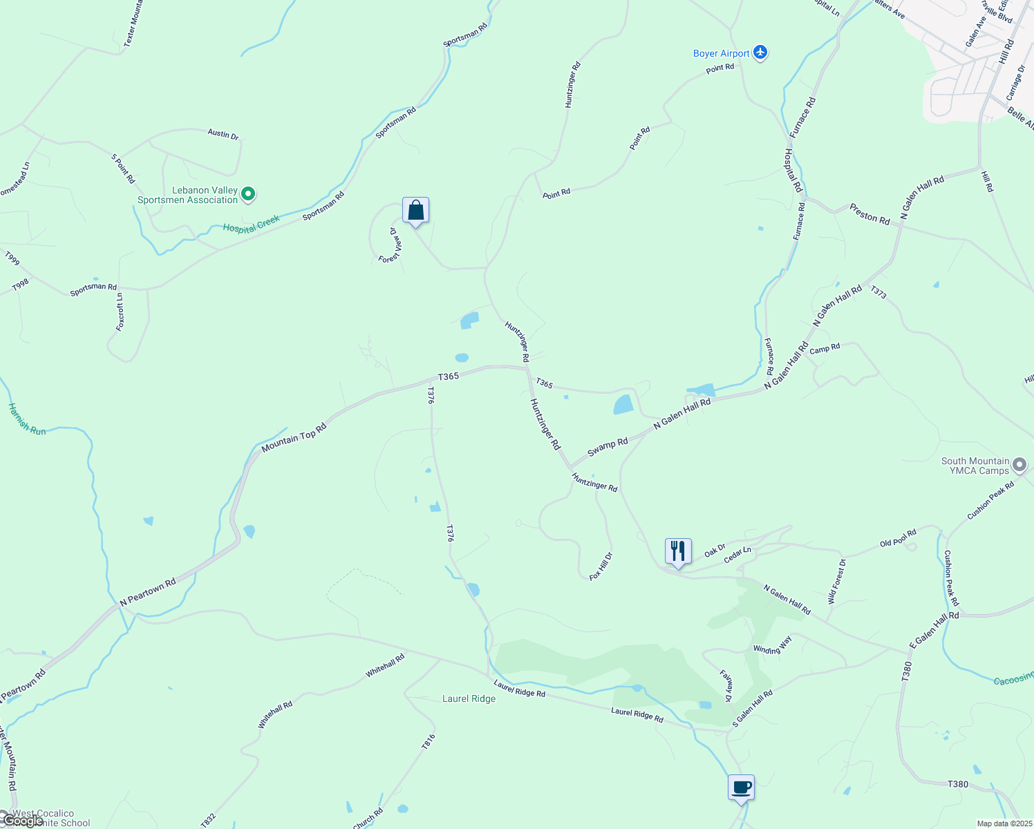 map of restaurants, bars, coffee shops, grocery stores, and more near 413 Huntzinger Road in Wernersville