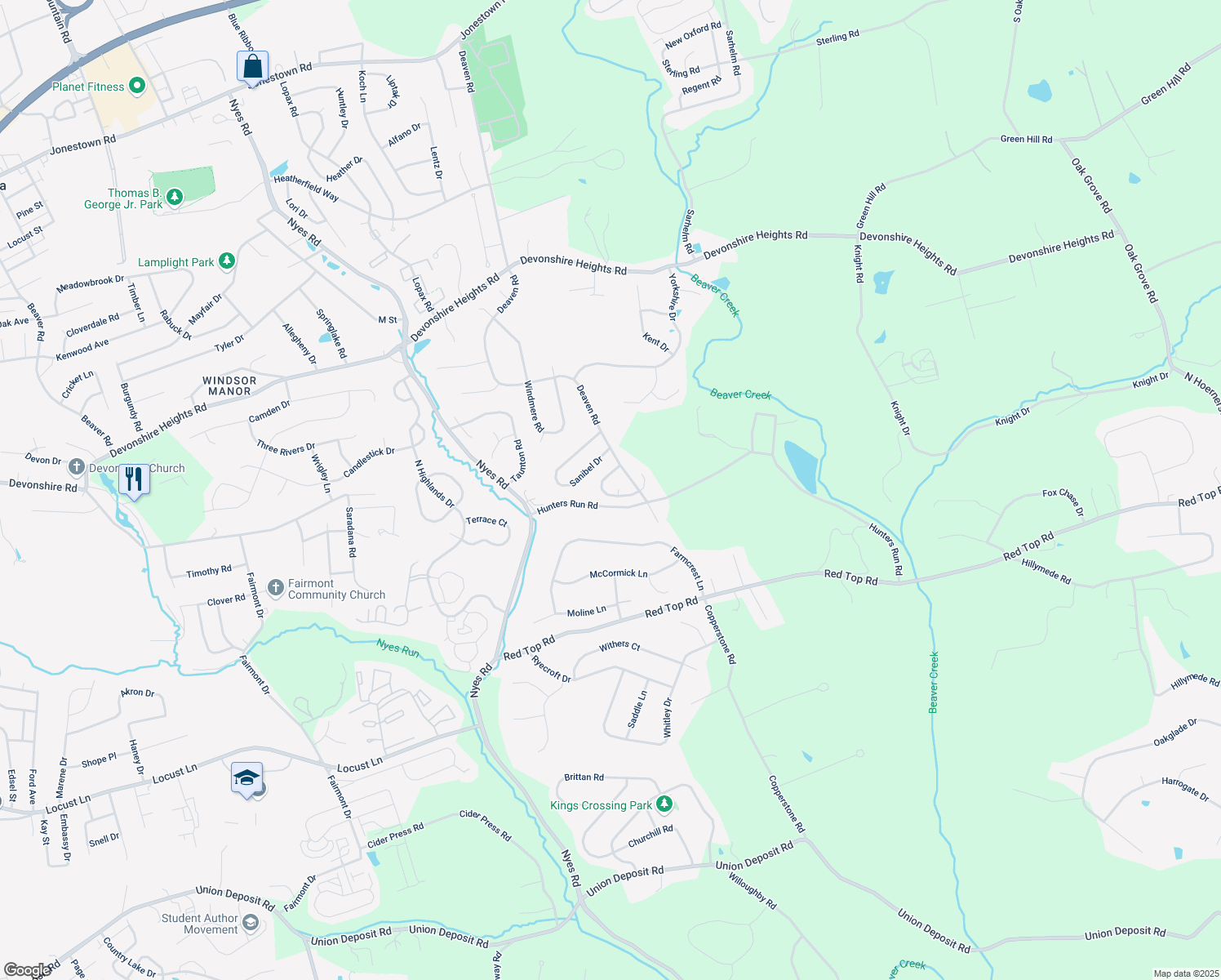 map of restaurants, bars, coffee shops, grocery stores, and more near 6542 Baywood Dr in Harrisburg
