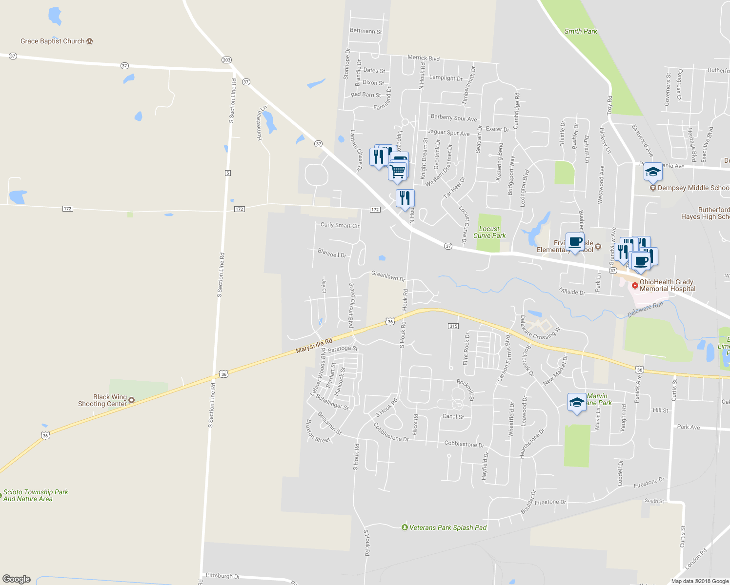 map of restaurants, bars, coffee shops, grocery stores, and more near 216 Aaron Ct in Delaware