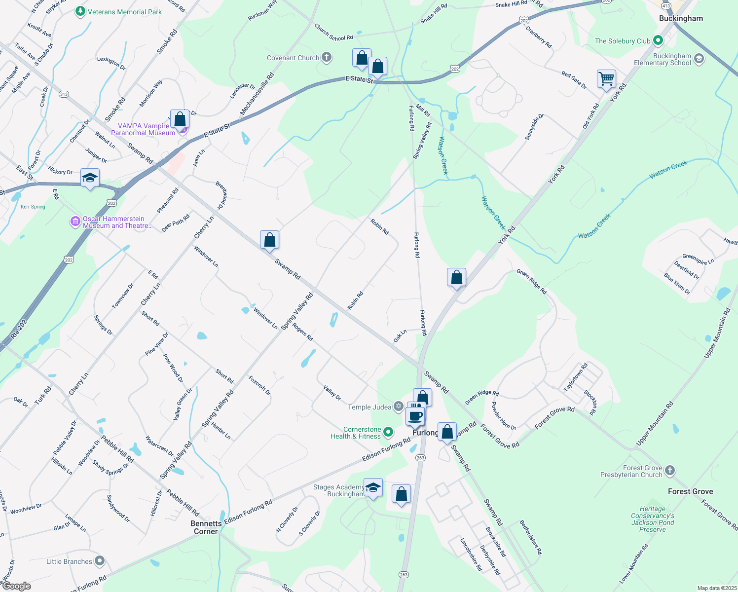 map of restaurants, bars, coffee shops, grocery stores, and more near 3667 Robin Road in Furlong