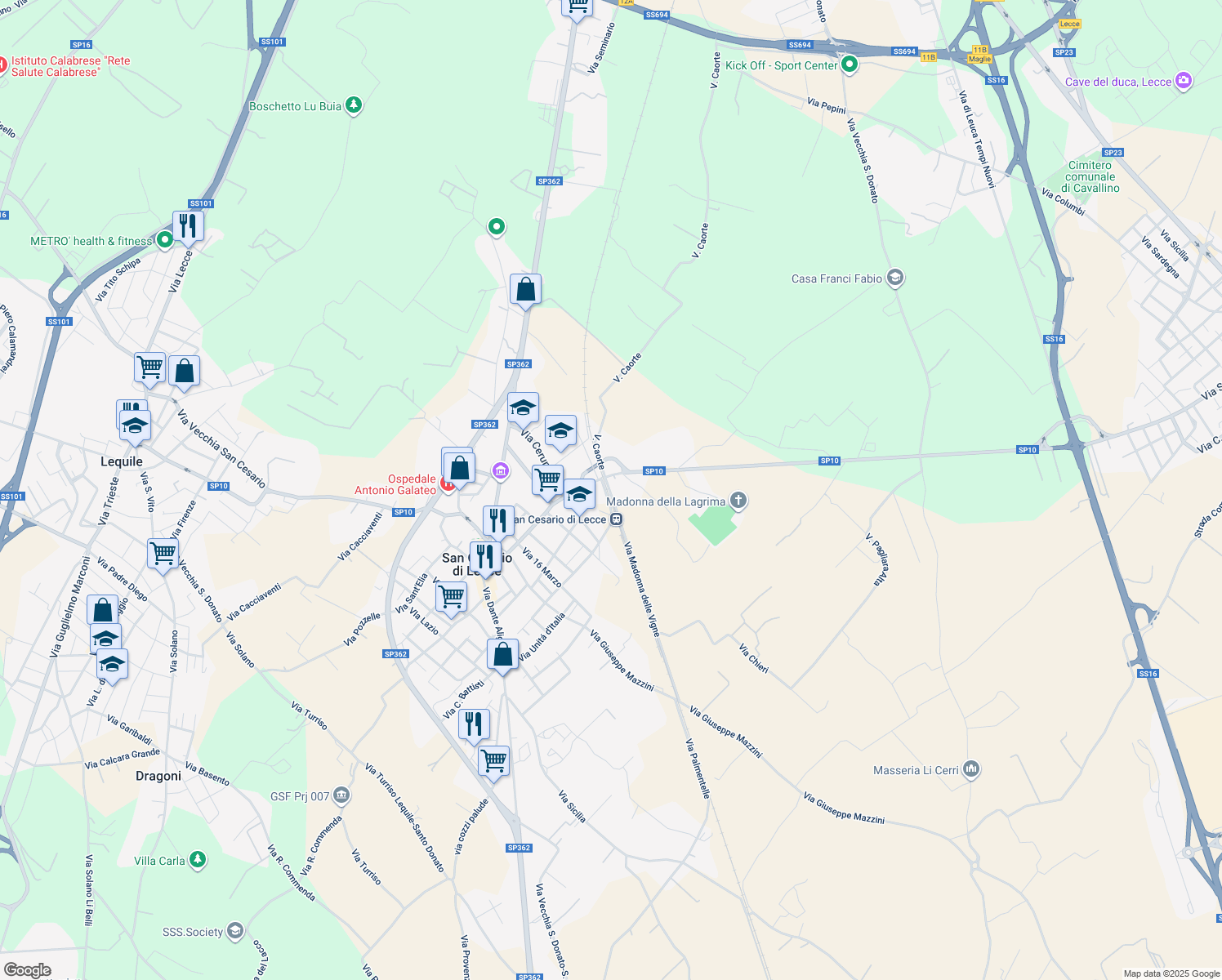 map of restaurants, bars, coffee shops, grocery stores, and more near 1 Via Madonna delle Vigne in San Cesario di Lecce