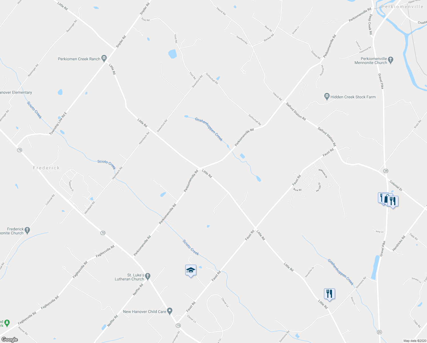 map of restaurants, bars, coffee shops, grocery stores, and more near 1016 Perkiomenville Road in Perkiomenville