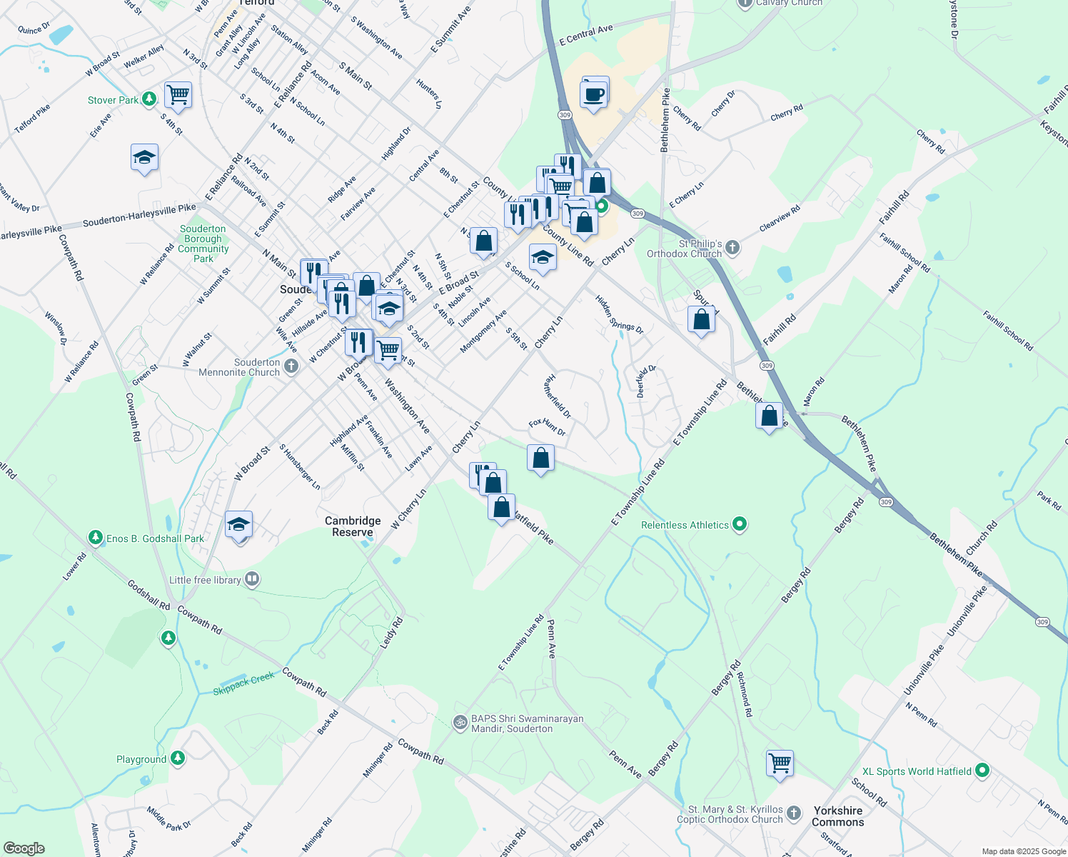 map of restaurants, bars, coffee shops, grocery stores, and more near 101 Fox Hunt Drive in Souderton