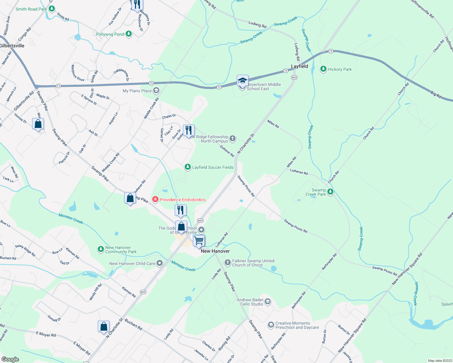 map of restaurants, bars, coffee shops, grocery stores, and more near 3005 North Charlotte Street in Gilbertsville