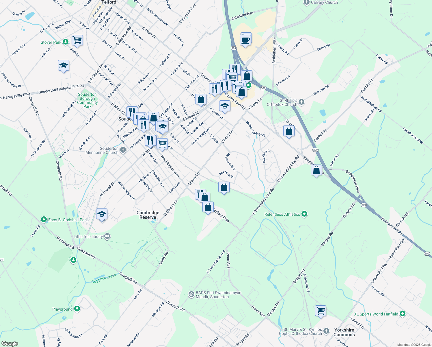 map of restaurants, bars, coffee shops, grocery stores, and more near 114 Hunters Way in Souderton