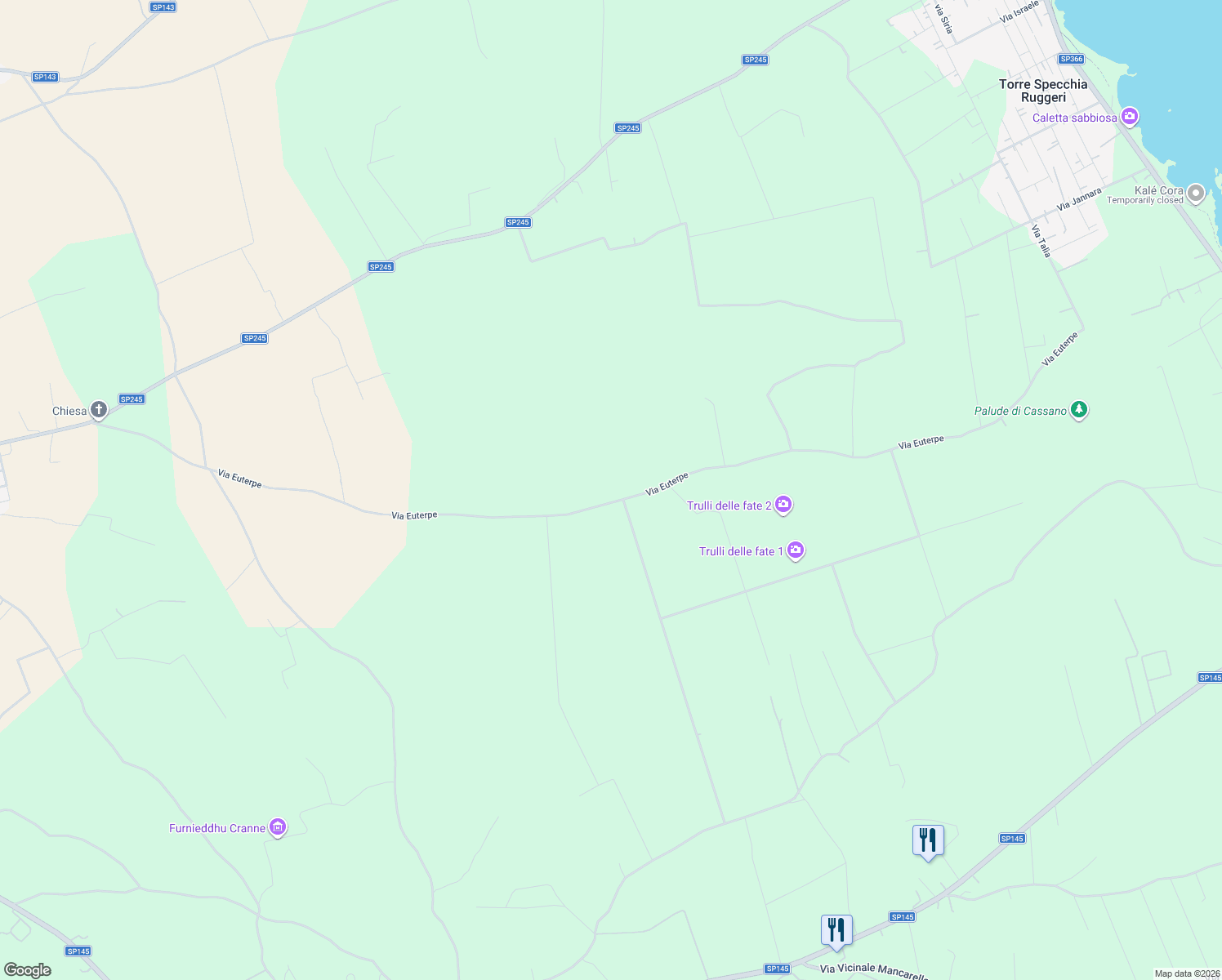 map of restaurants, bars, coffee shops, grocery stores, and more near Via Euterpe in Provincia di Lecce