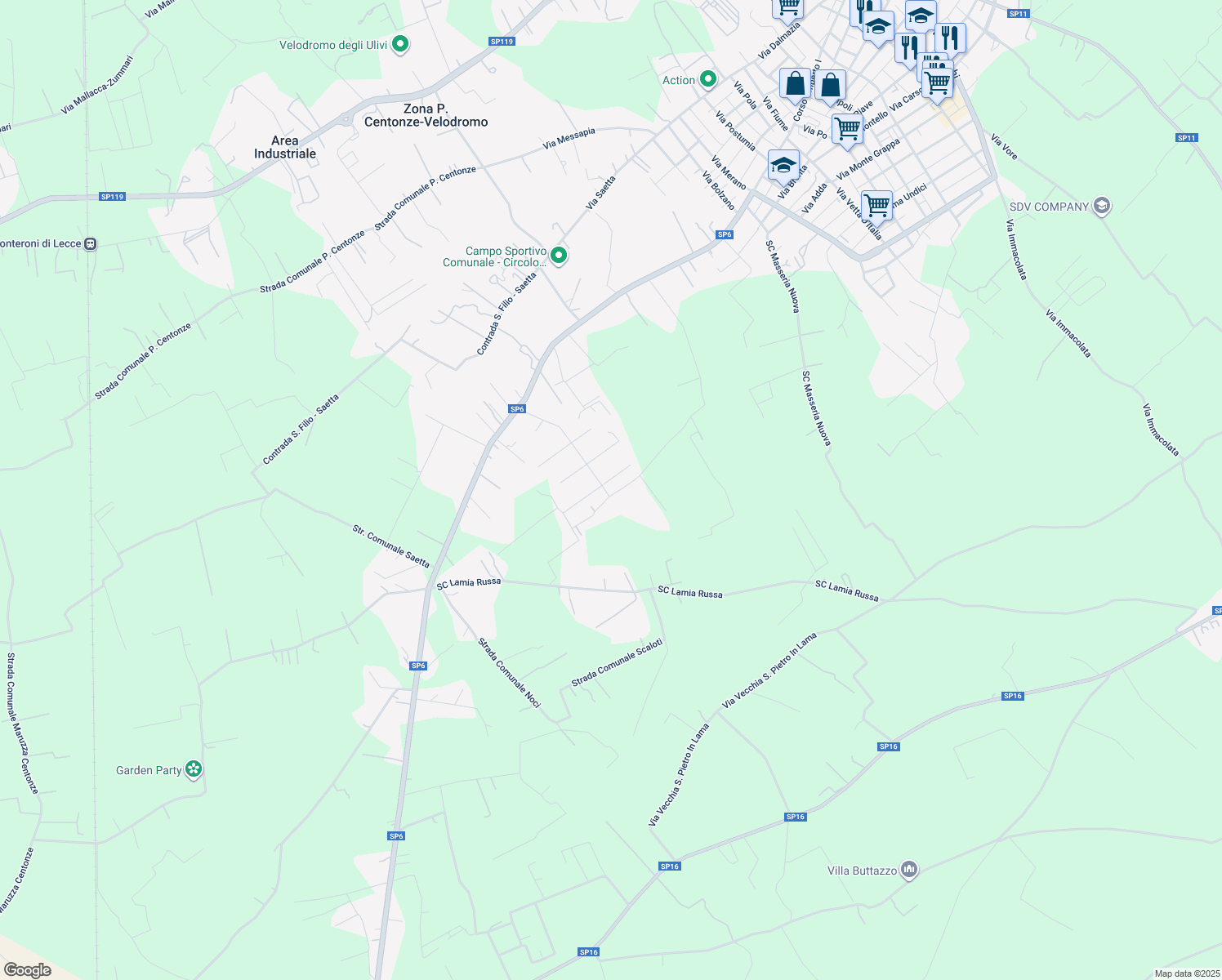 map of restaurants, bars, coffee shops, grocery stores, and more near 3 Via Molise in Monteroni di Lecce